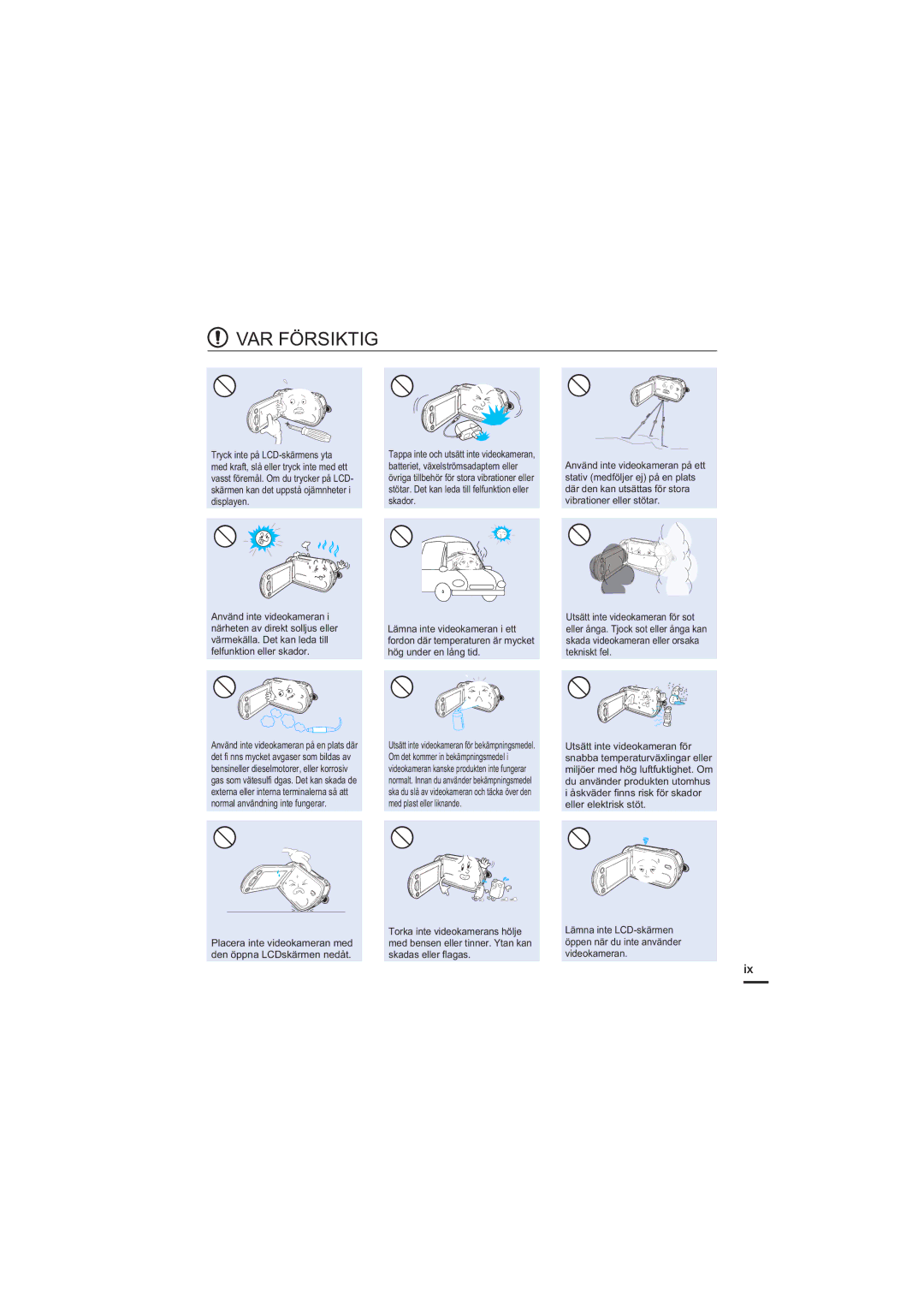 Samsung HMX-H200BP/EDC, HMX-H204BP/EDC, HMX-H203BP/EDC, HMX-H205BP/EDC manual VAR Försiktig 