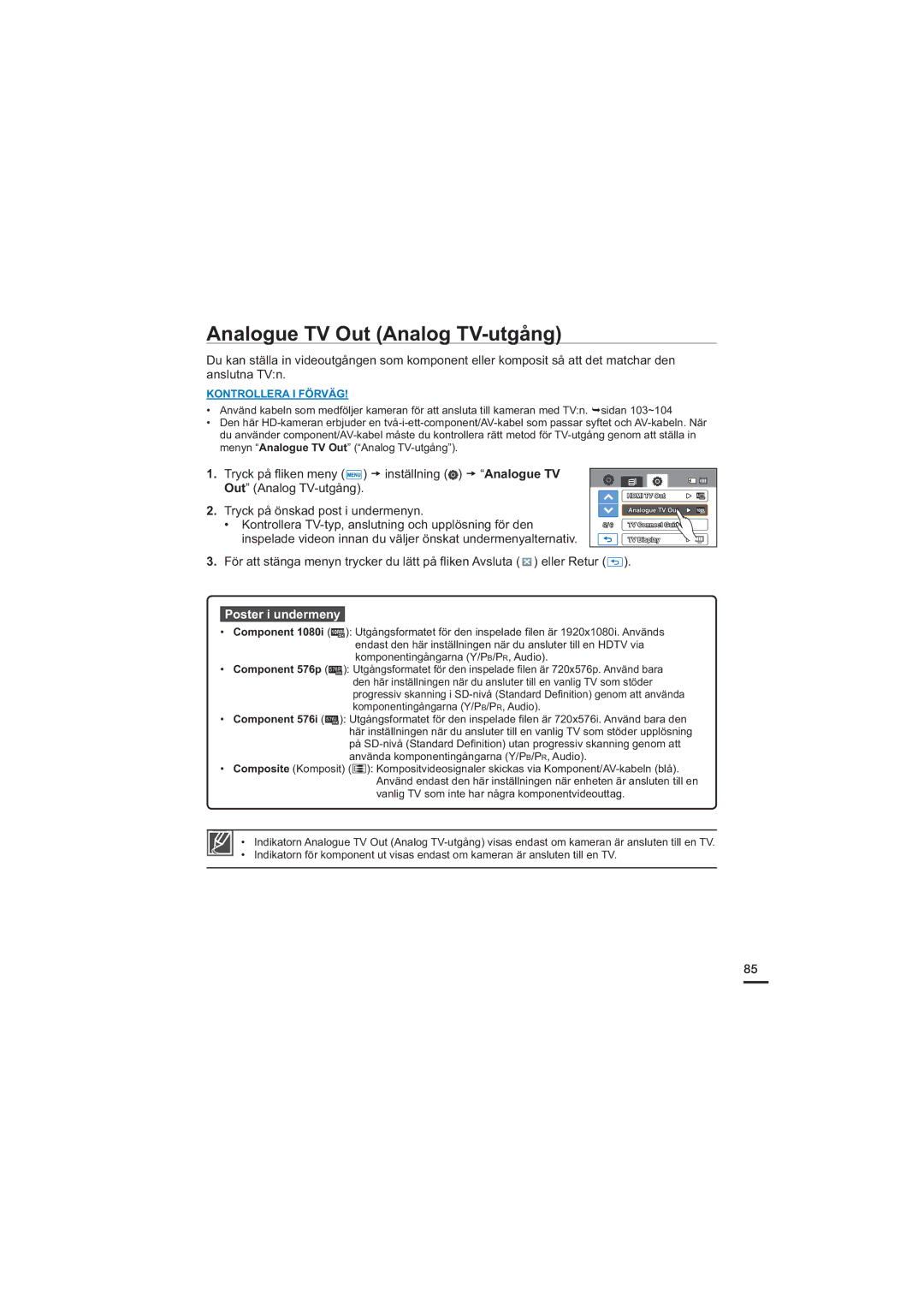 Samsung HMX-H200BP/EDC, HMX-H204BP/EDC, HMX-H203BP/EDC, HMX-H205BP/EDC manual Analogue TV Out Analog TV-utgång 