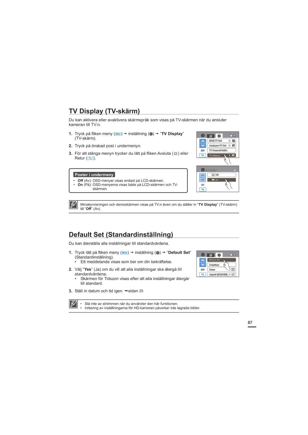 Samsung HMX-H205BP/EDC, HMX-H204BP/EDC, HMX-H200BP/EDC, HMX-H203BP/EDC TV Display TV-skärm, Default Set Standardinställning 