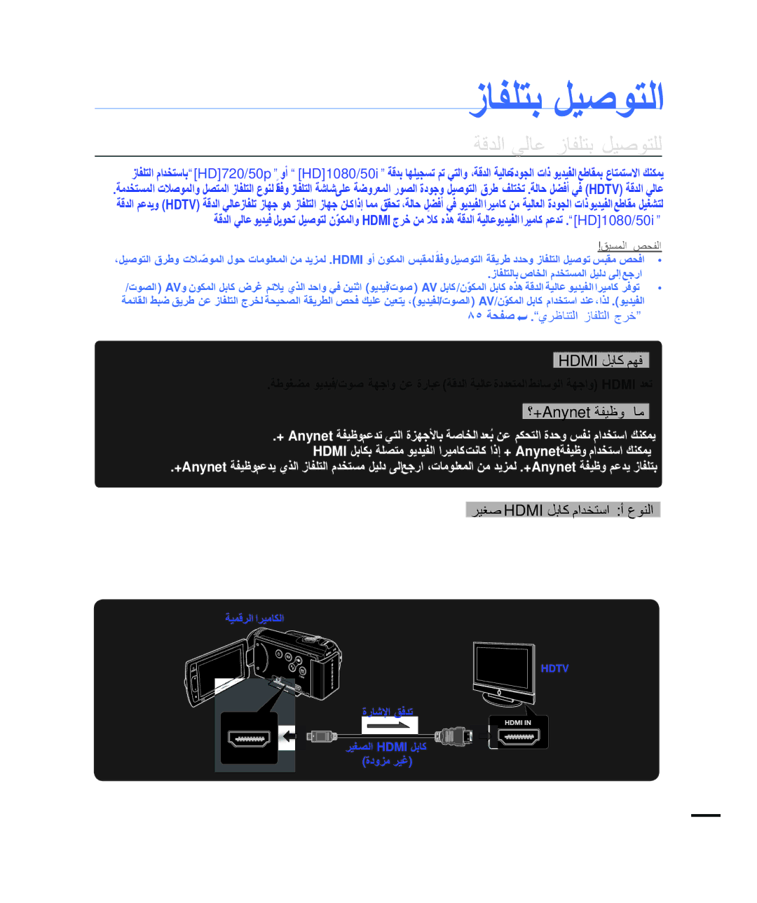 Samsung HMX-H205BP/MEA, HMX-H204BP/EDC manual ﺯﺎﻔﻠﺘﺑ ﻞﻴﺻﻮﺘﻟﺍ, ﺔﻗﺪﻟﺍ ﻲﻟﺎﻋ ﺯﺎﻔﻠﺘﺑ ﻞﻴﺻﻮﺘﻠﻟ, Hdmi ﻞﺑﺎﻛ ﻢﻬﻓ, ؟+Anynet ﺔﻔﻴﻇﻭ ﺎﻣ 