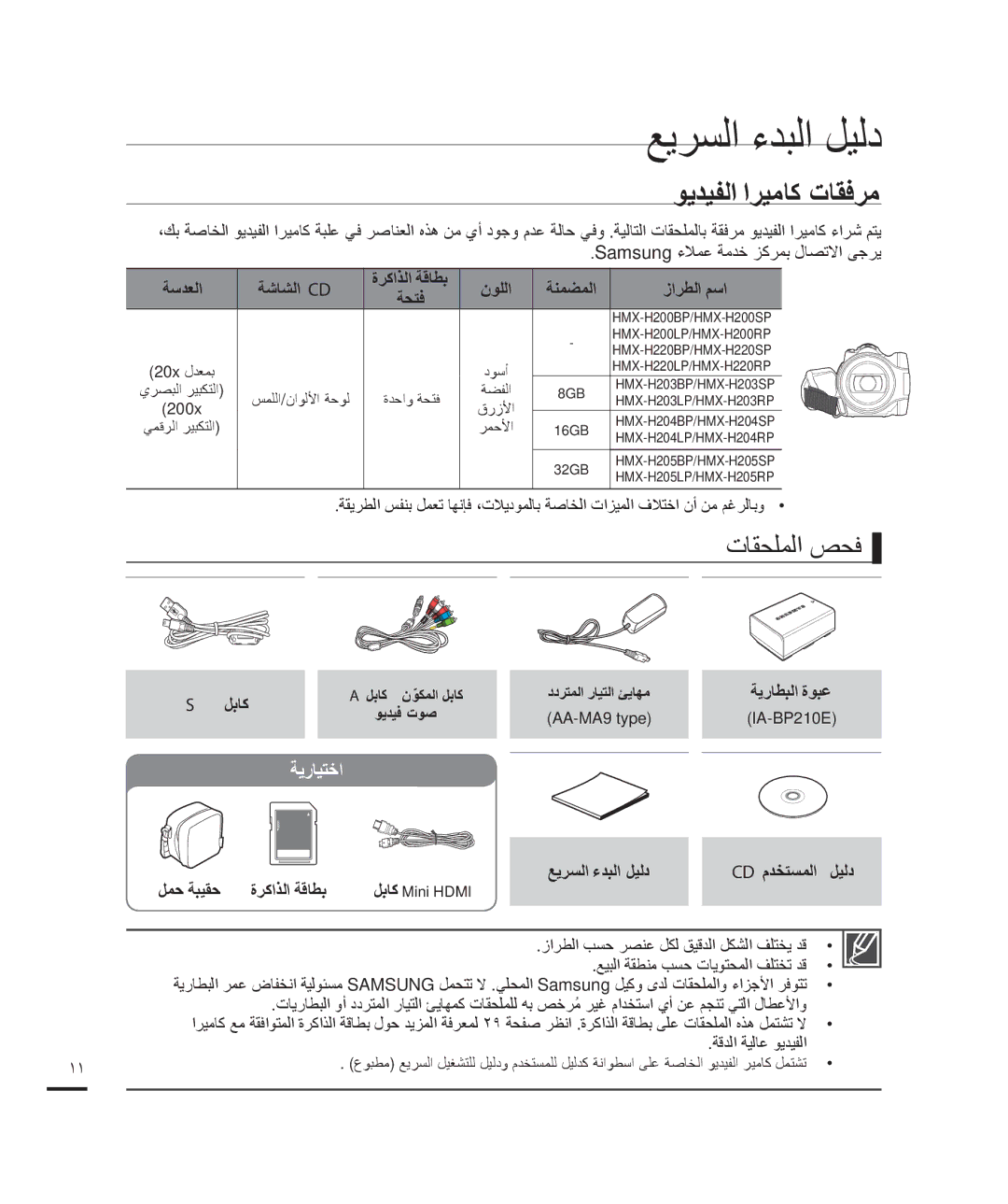 Samsung HMX-H204BP/HAC, HMX-H204BP/EDC, HMX-H200BP/EDC manual ﻮﻳﺪﻴﻔﻟﺍ ﺍﺮﻴﻣﺎﻛ ﺕﺎﻘﻓﺮﻣ, ﺕﺎﻘﺤﻠﻤﻟﺍ ﺺﺤﻓ, Usb ﻞﺑﺎﻛ, ﺔﻳﺭﺎﻴﺘﺧﺍ 