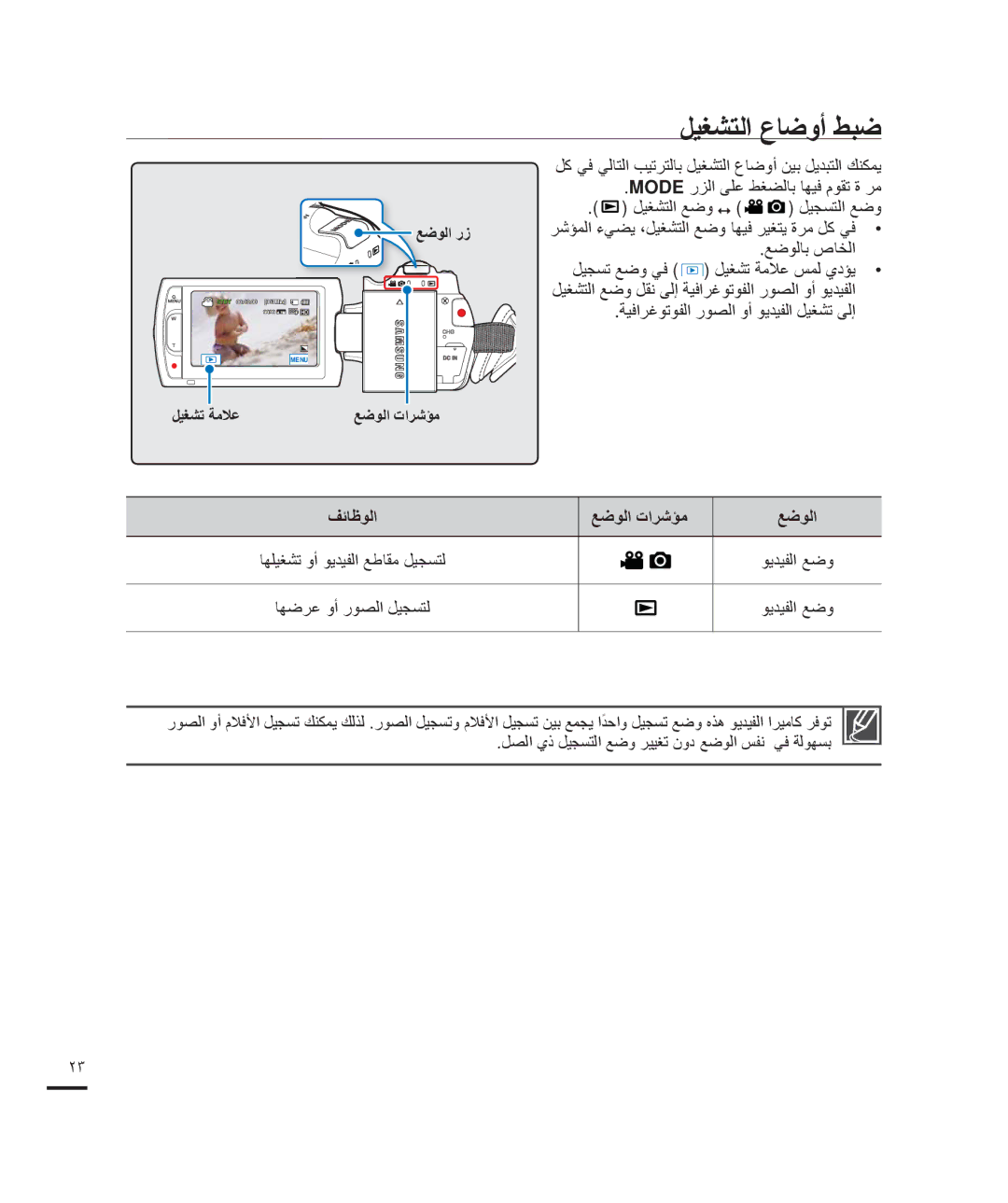 Samsung HMX-H204SP/HAC manual ﻞﻴﻐﺸﺘﻟﺍ ﻉﺎﺿﻭﺃ ﻂﺒﺿ, ﻞﻴﺠﺴﺗ ﻊﺿﻭ ﻲﻓ ﻞﻴﻐﺸﺗ ﺔﻣﻼﻋ ﺲﻤﻟ ﻱﺩﺆﻳ, ﺔﻴﻓﺍﺮﻏﻮﺗﻮﻔﻟﺍ ﺭﻮﺼﻟﺍ ﻭﺃ ﻮﻳﺪﻴﻔﻟﺍ ﻞﻴﻐﺸﺗ ﻰﻟﺇ 