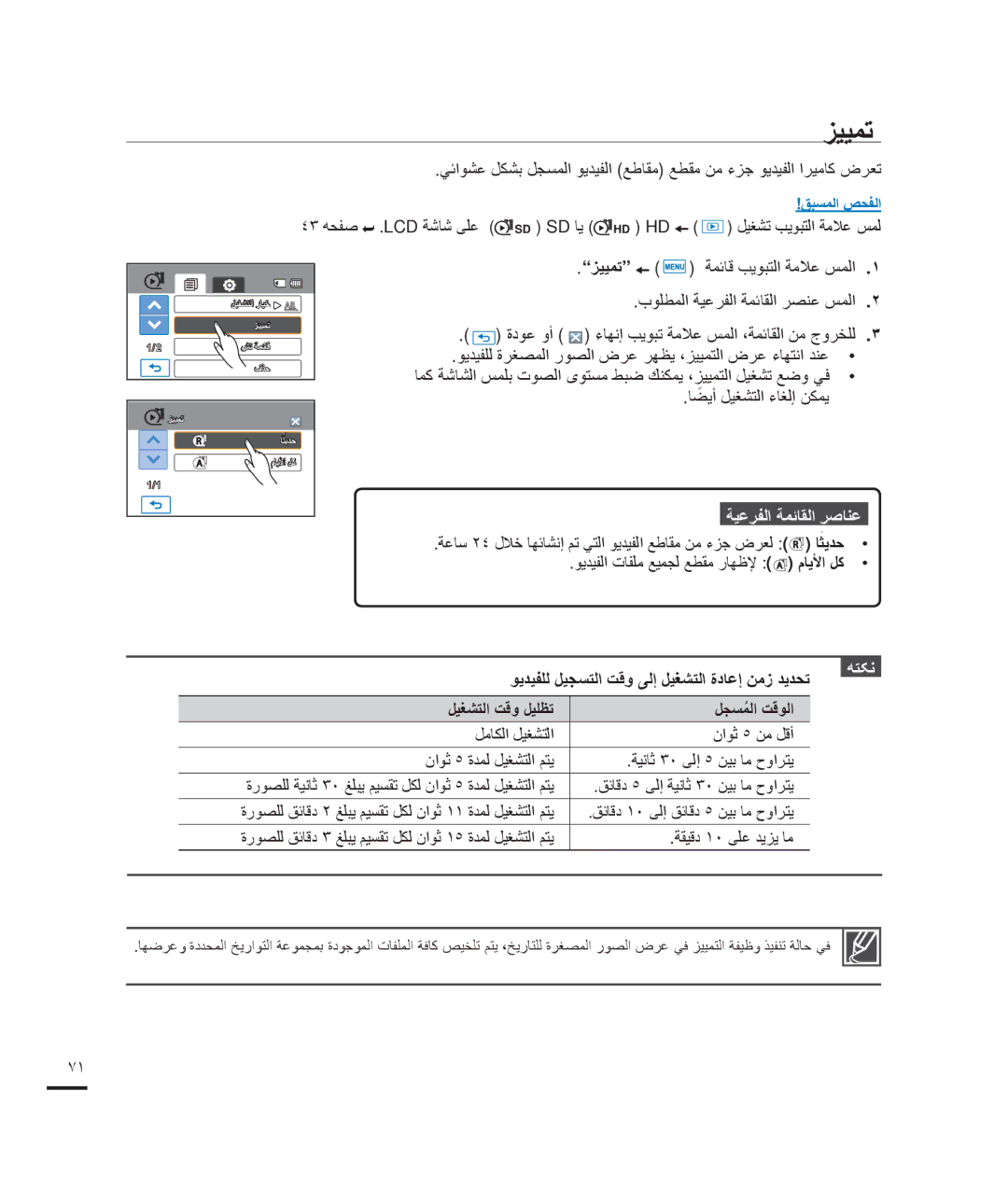 Samsung HMX-H204SP/HAC ﺰﻴﻴﻤﺗ, ﻮﻳﺪﻴﻔﻠﻟ ﺓﺮﻐﺼﻤﻟﺍ ﺭﻮﺼﻟﺍ ﺽﺮﻋ ﺮﻬﻈﻳ ،ﺰﻴﻴﻤﺘﻟﺍ ﺽﺮﻋ ءﺎﻬﺘﻧﺍ ﺪﻨﻋ, ﻞﻴﻐﺸﺘﻟﺍ ﺖﻗﻭ ﻞﻴﻠﻈﺗ ﻞﺠﺴﻤﻟﺍُ ﺖﻗﻮﻟﺍ 