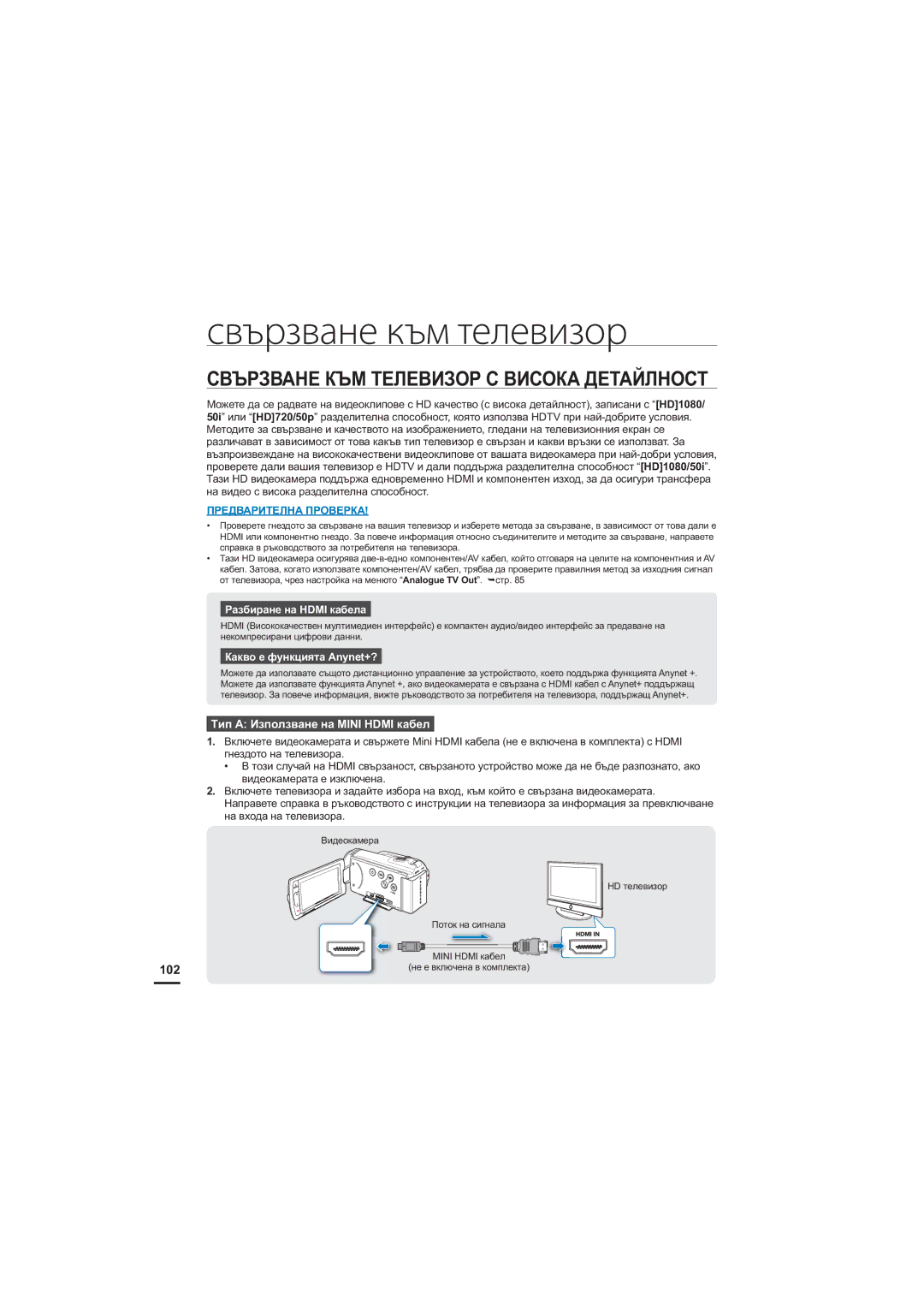 Samsung HMX-H205BP/EDC, HMX-H204BP/EDC manual Свързване към телевизор, ɊȼɔɊɁȼȺɇȿɄɔɆɌȿɅȿȼɂɁɈɊɋȼɂɋɈɄȺȾȿɌȺɃɅɇɈɋɌ, 102 