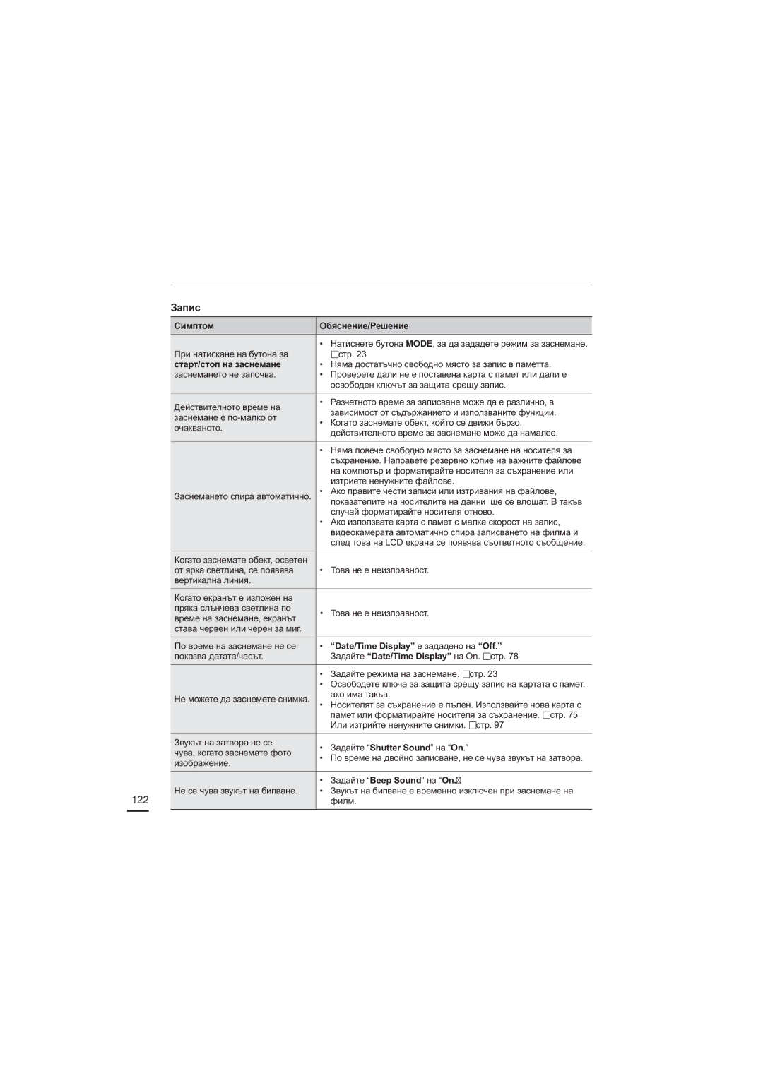 Samsung HMX-H200BP/EDC, HMX-H204BP/EDC manual Ɫɬɚɪɬɫɬɨɩɧɚɡɚɫɧɟɦɚɧɟ, ³DWH7LPHLVSOD\´ɟɡɚɞɚɞɟɧɨɧɚ³2II´, 122 