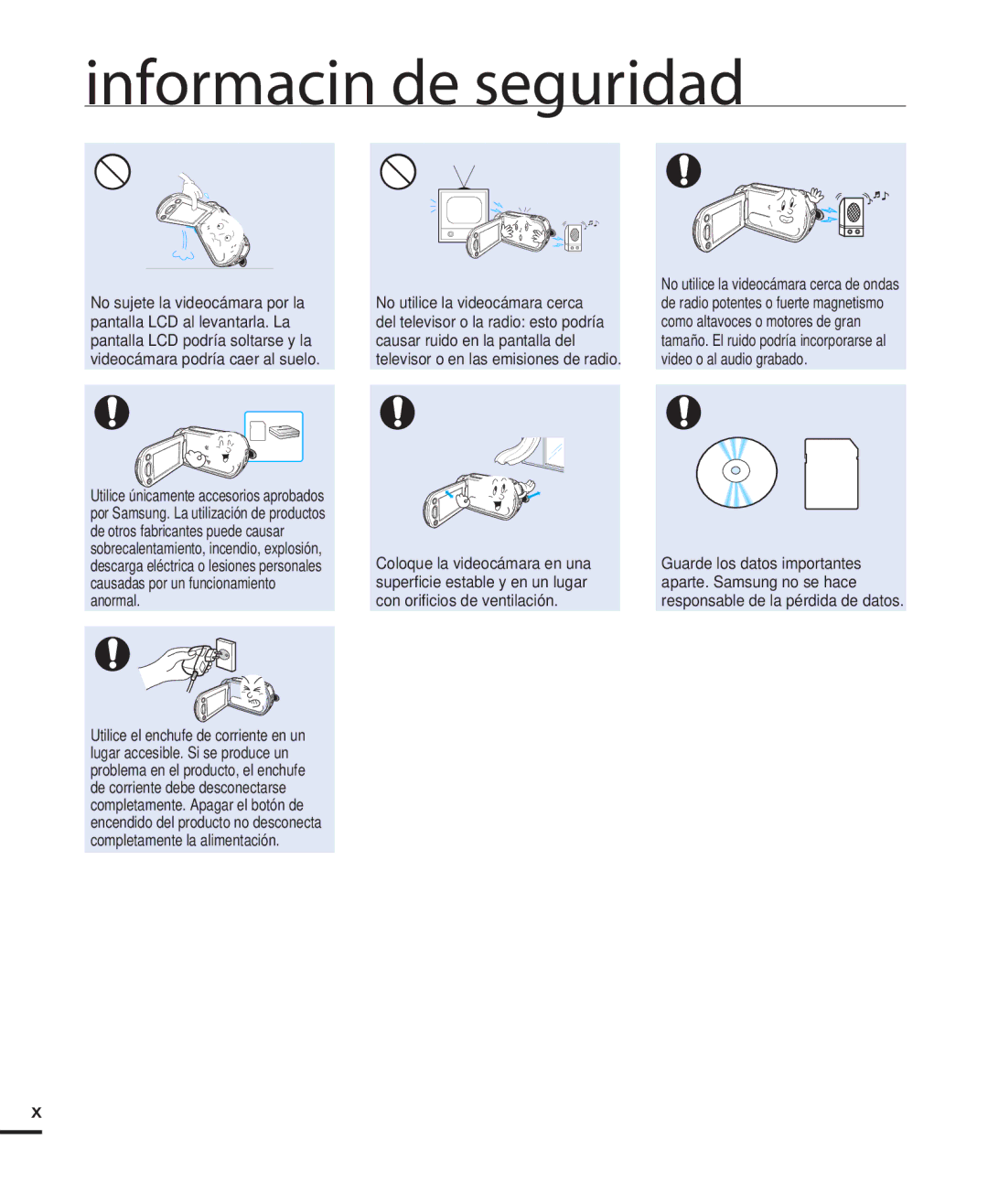 Samsung HMX-H220RP/EDC, HMX-H204BP/EDC, HMX-H200BP/EDC, HMX-H220SP/EDC, HMX-H200RP/EDC manual Información de seguridad 