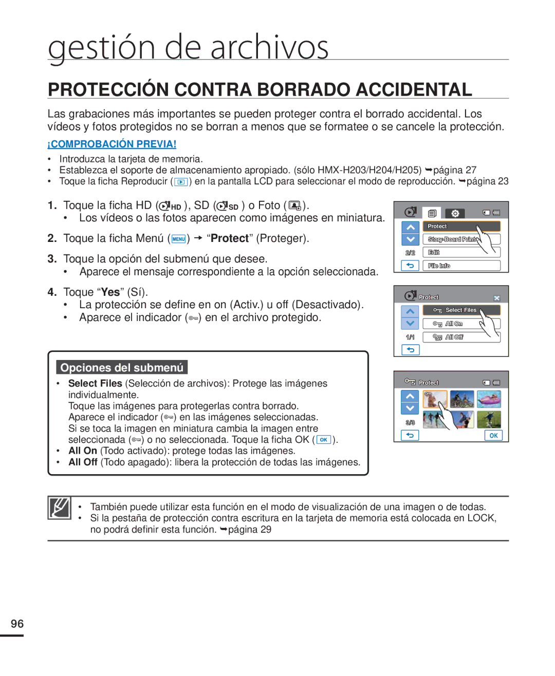 Samsung HMX-H204BP/EDC, HMX-H200BP/EDC, HMX-H220RP/EDC manual Gestión de archivos, Protección Contra Borrado Accidental 