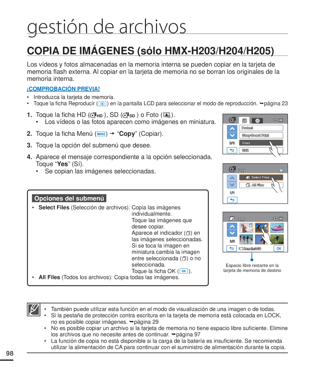 Samsung HMX-H220RP/EDC, HMX-H204BP/EDC, HMX-H200BP/EDC, HMX-H220SP/EDC manual Copia DE Imágenes sólo HMX-H203/H204/H205 