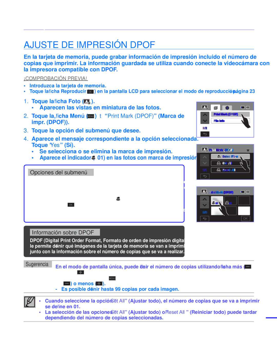 Samsung HMX-H220SP/EDC, HMX-H204BP/EDC, HMX-H200BP/EDC Impresión de fotos, Ajuste DE Impresión Dpof, Información sobre Dpof 