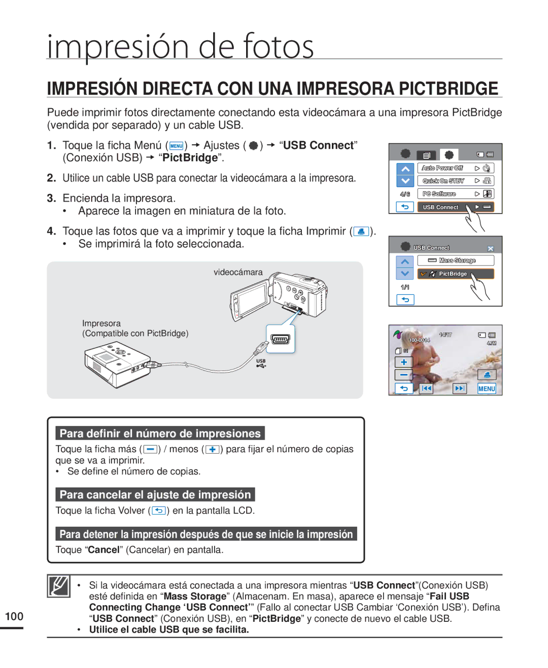 Samsung HMX-H200RP/EDC manual Impresión Directa CON UNA Impresora Pictbridge, Para deﬁnir el número de impresiones 