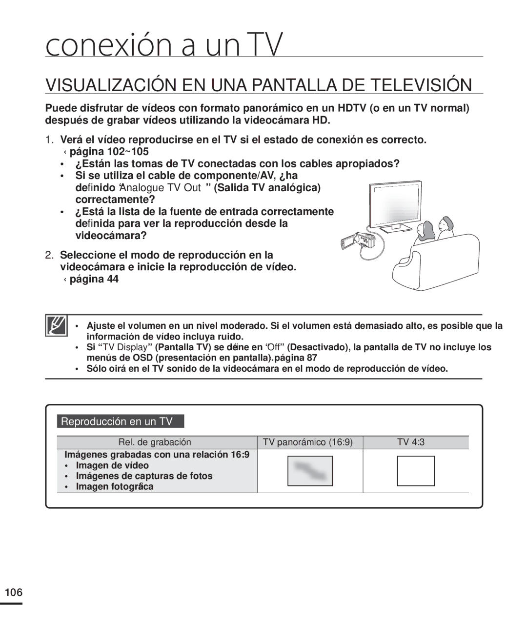 Samsung HMX-H220RP/EDC, HMX-H204BP/EDC manual Visualización EN UNA Pantalla DE Televisión, Reproducción en un TV, 106 