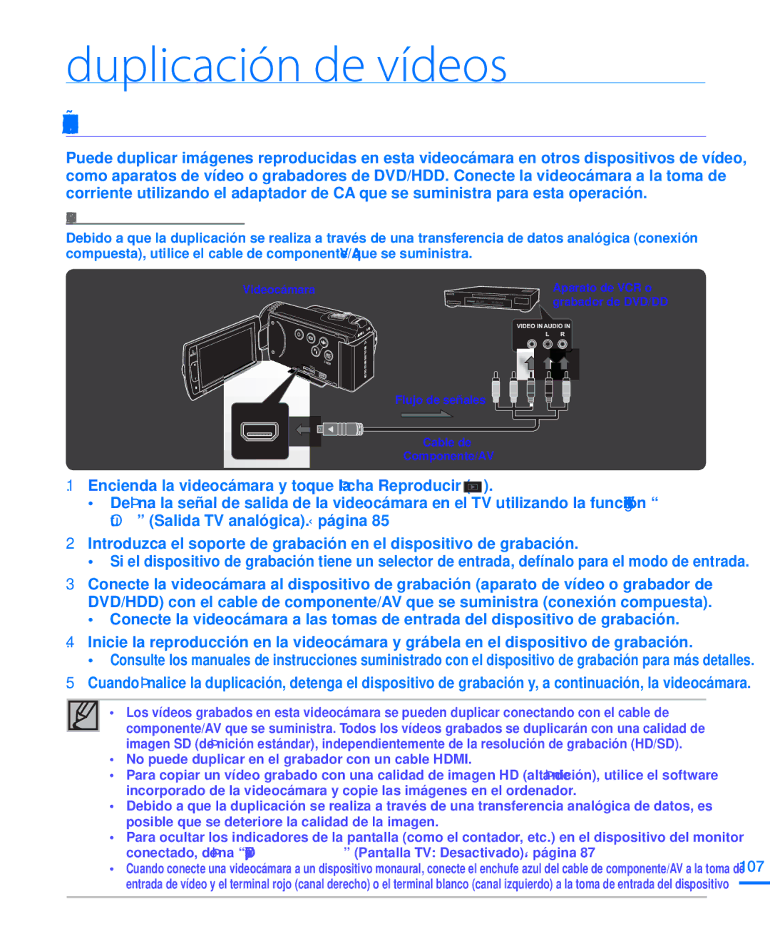 Samsung HMX-H220SP/EDC, HMX-H204BP/EDC Duplicación de vídeos, Duplicación EN Aparatos DE Vídeo O Grabadores DE DVD/HDD 