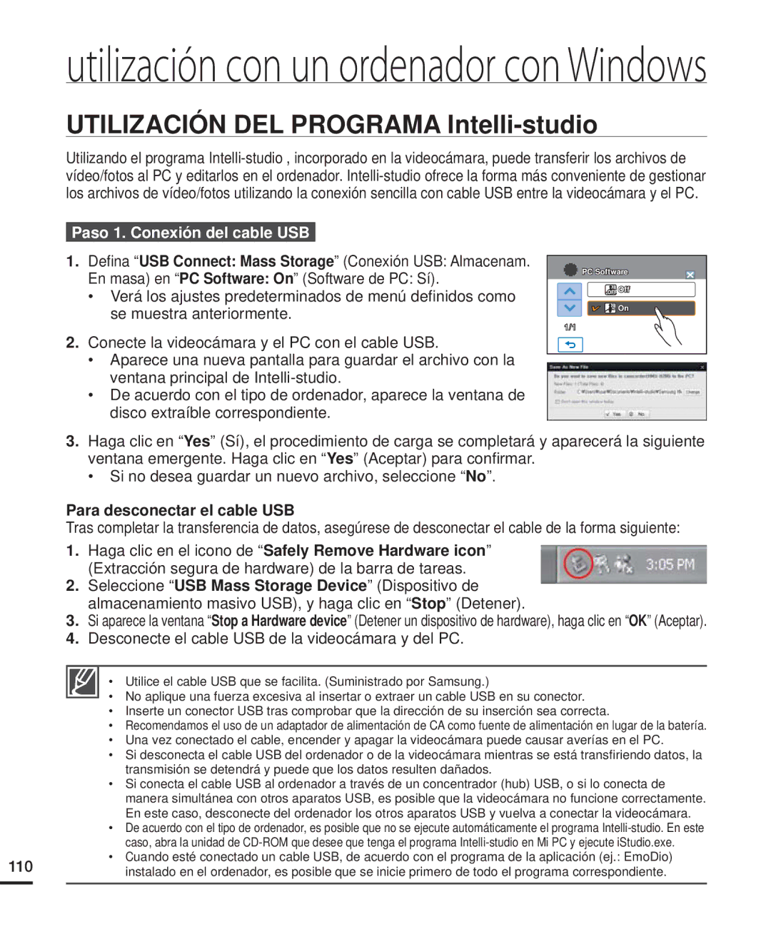 Samsung HMX-H204BP/SEA, HMX-H204BP/EDC manual Utilización DEL Programa Intelli-studio, Paso 1. Conexión del cable USB 