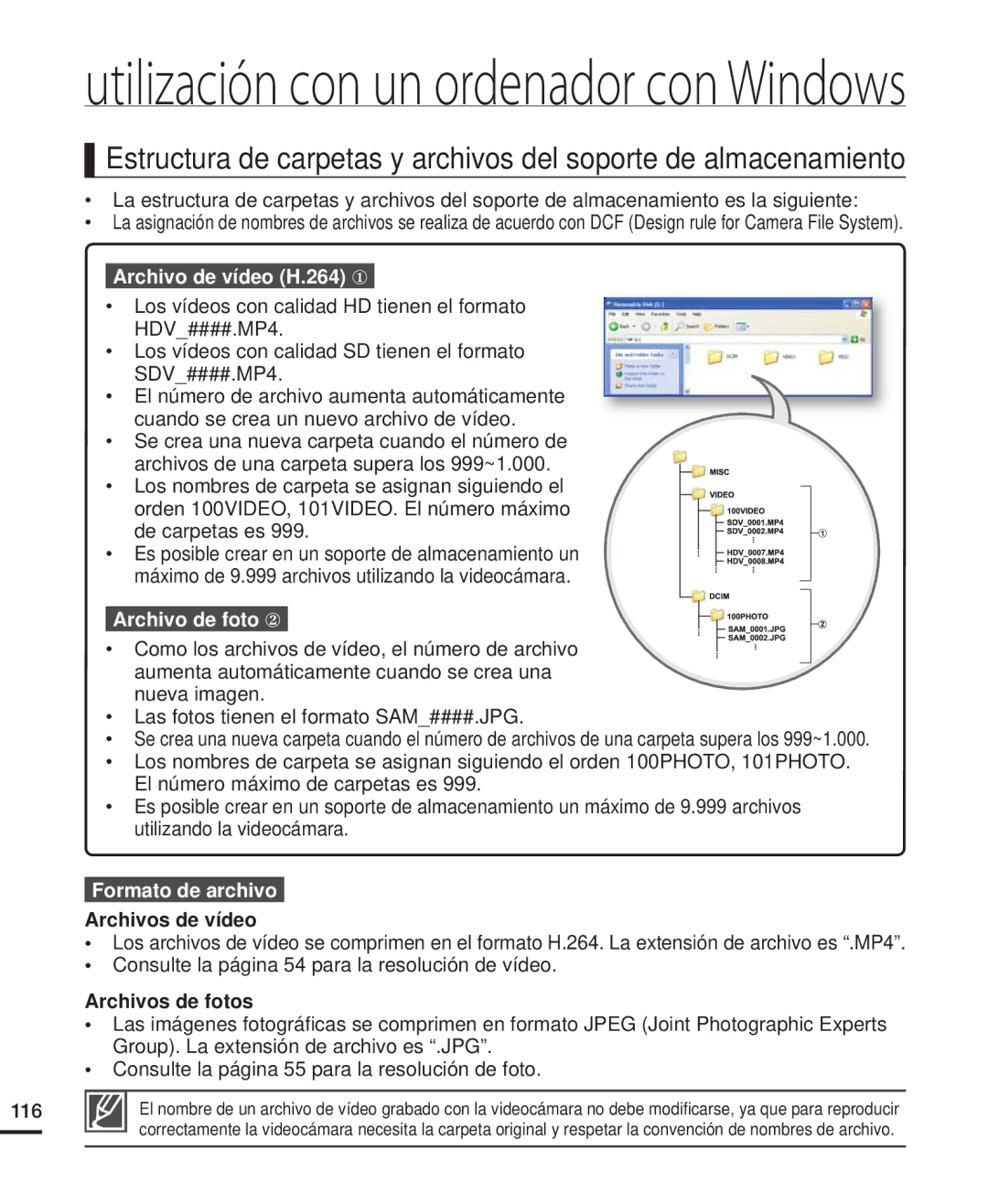 Samsung HMX-H200RP/EDC, HMX-H204BP/EDC manual Archivo de foto y, Formato de archivo, Archivos de vídeo, Archivos de fotos 