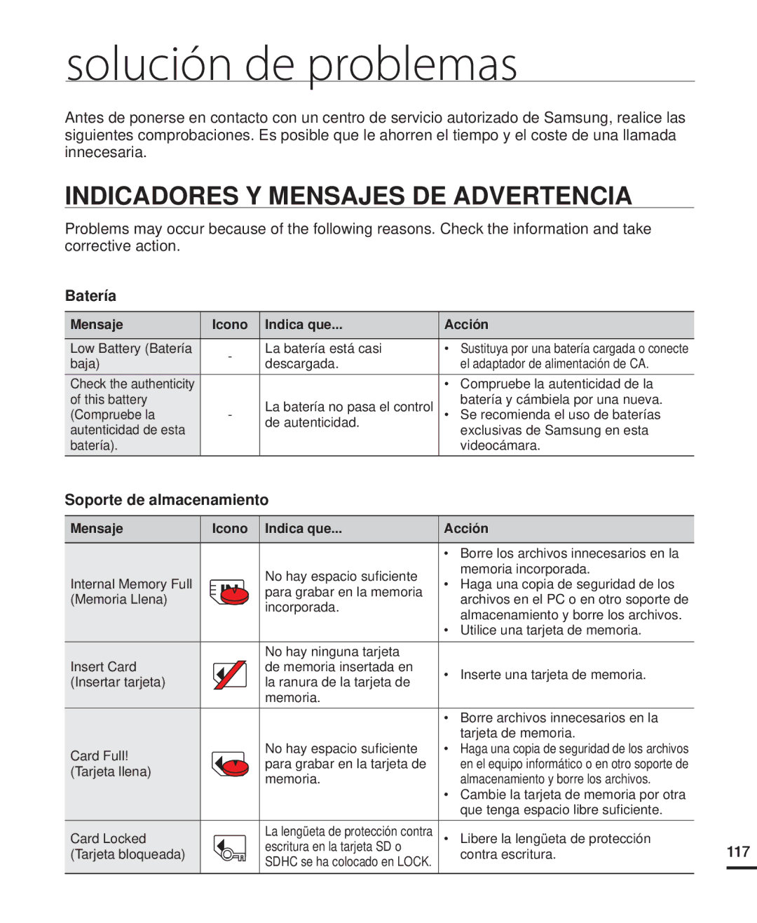 Samsung HMX-H200SP/EDC Solución de problemas, Indicadores Y Mensajes DE Advertencia, Batería, Soporte de almacenamiento 