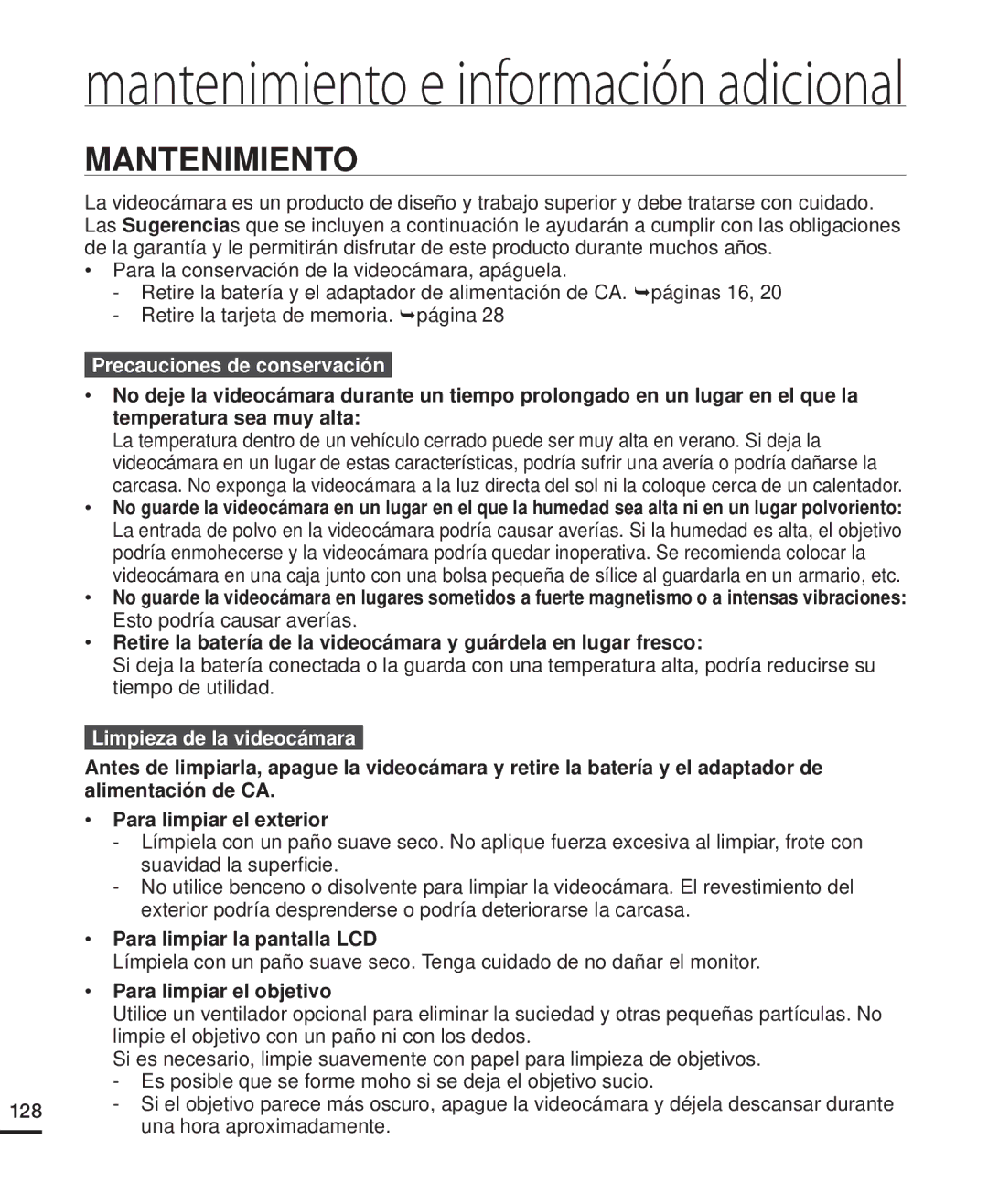 Samsung HMX-H204BP/EDC Mantenimiento, Precauciones de conservación, Limpieza de la videocámara, Para limpiar el objetivo 