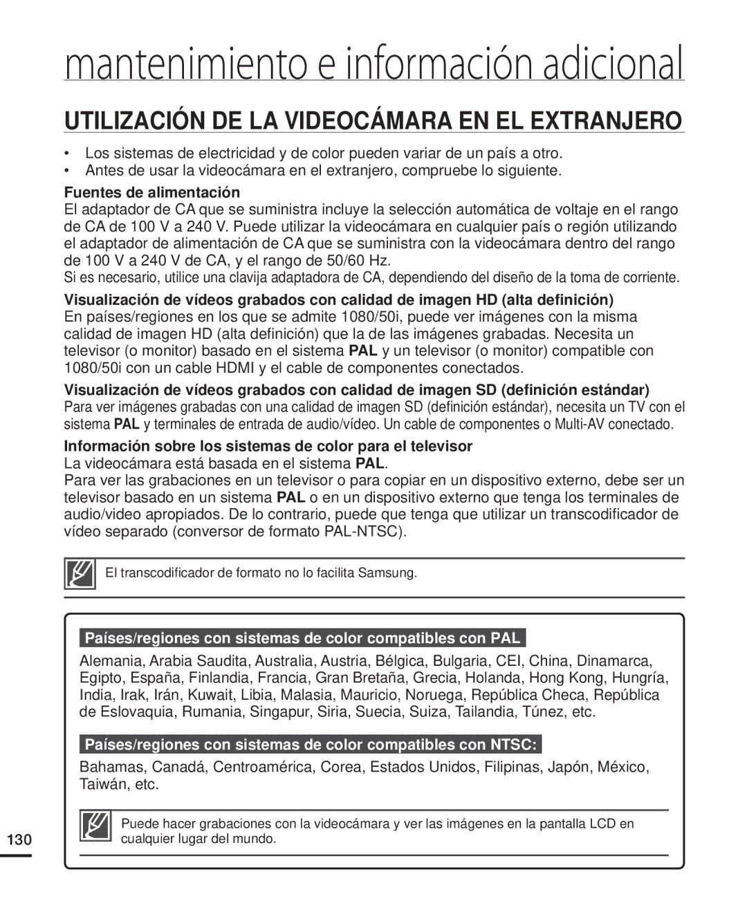 Samsung HMX-H220RP/EDC, HMX-H204BP/EDC manual Utilización DE LA Videocámara EN EL Extranjero, Fuentes de alimentación 