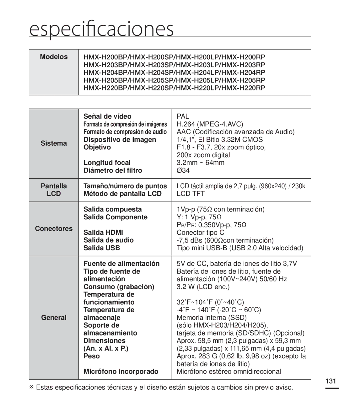 Samsung HMX-H220SP/EDC, HMX-H204BP/EDC, HMX-H200BP/EDC, HMX-H220RP/EDC, HMX-H200RP/EDC, HMX-H200SP/EDC manual Especiﬁcaciones 