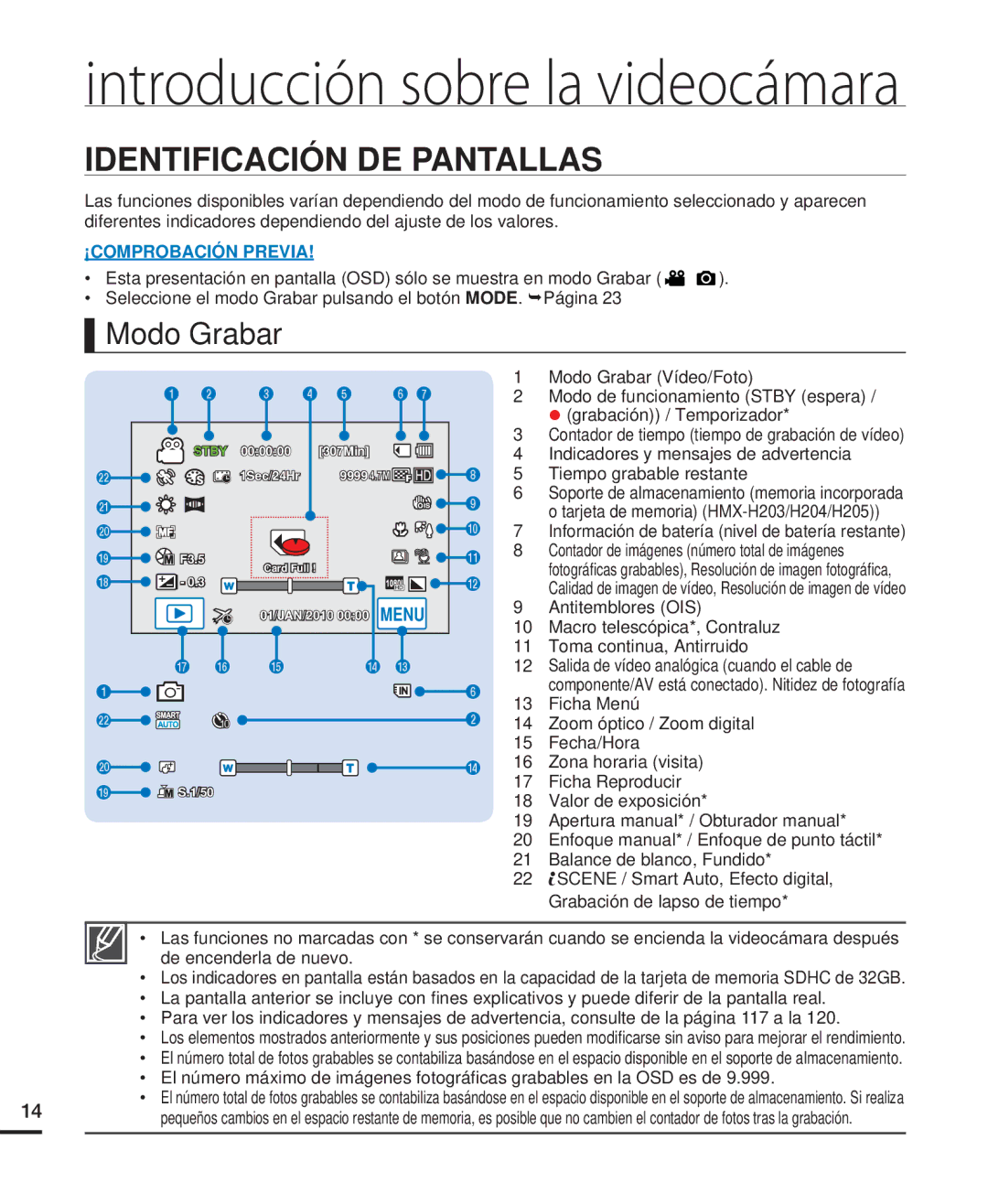 Samsung HMX-H204BP/SEA, HMX-H204BP/EDC, HMX-H200BP/EDC, HMX-H220RP/EDC manual Identificación DE Pantallas, Modo Grabar 