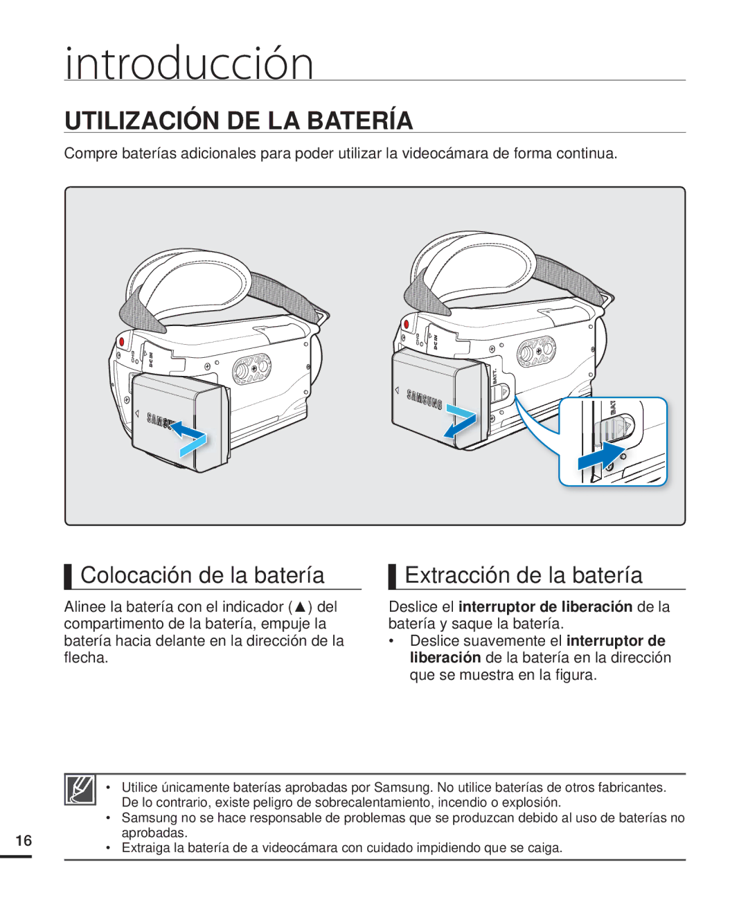 Samsung HMX-H204BP/EDC manual Introducción, Utilización DE LA Batería, Colocación de la batería Extracción de la batería 