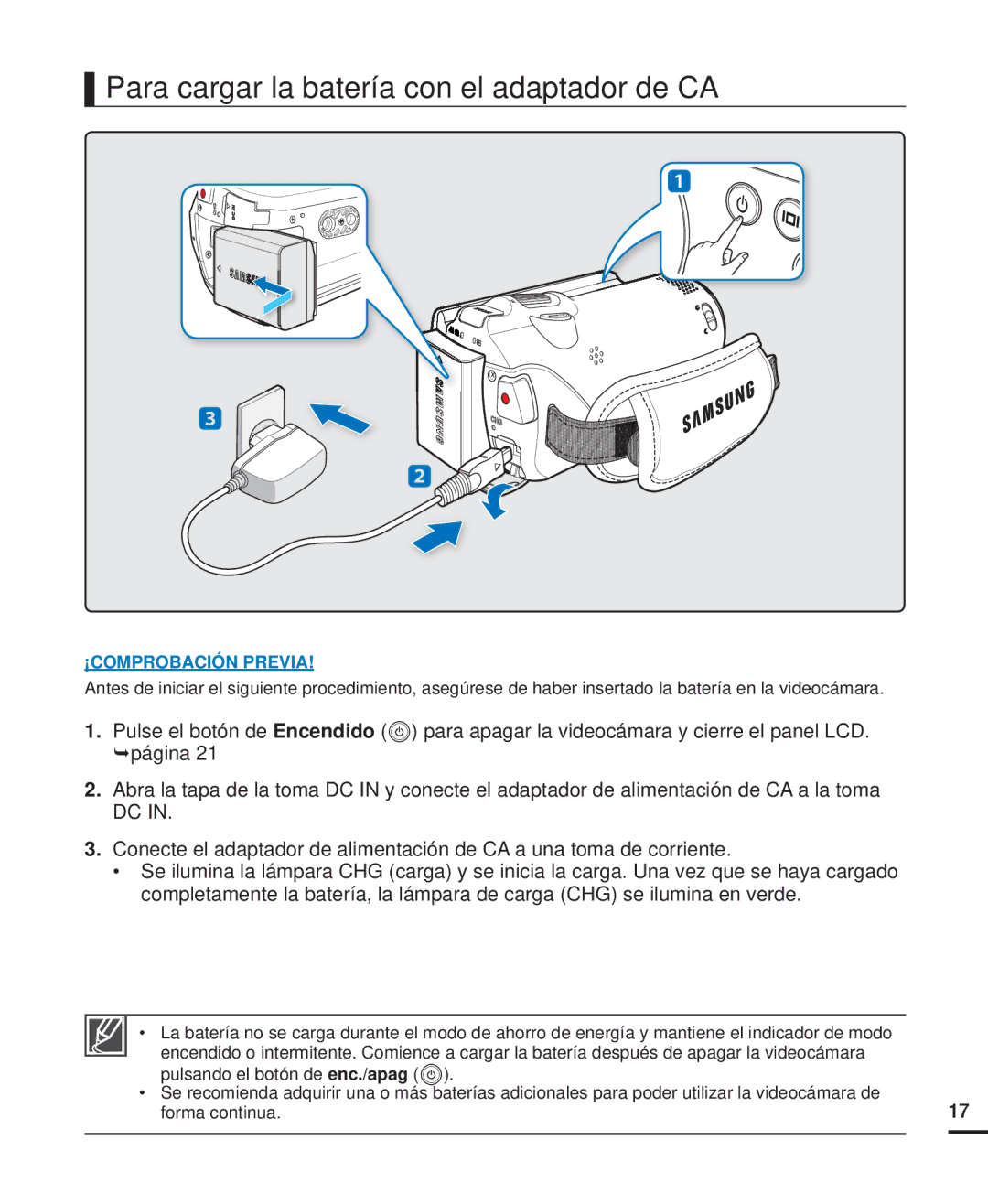 Samsung HMX-H200BP/EDC, HMX-H204BP/EDC, HMX-H220RP/EDC, HMX-H220SP/EDC manual Para cargar la batería con el adaptador de CA 