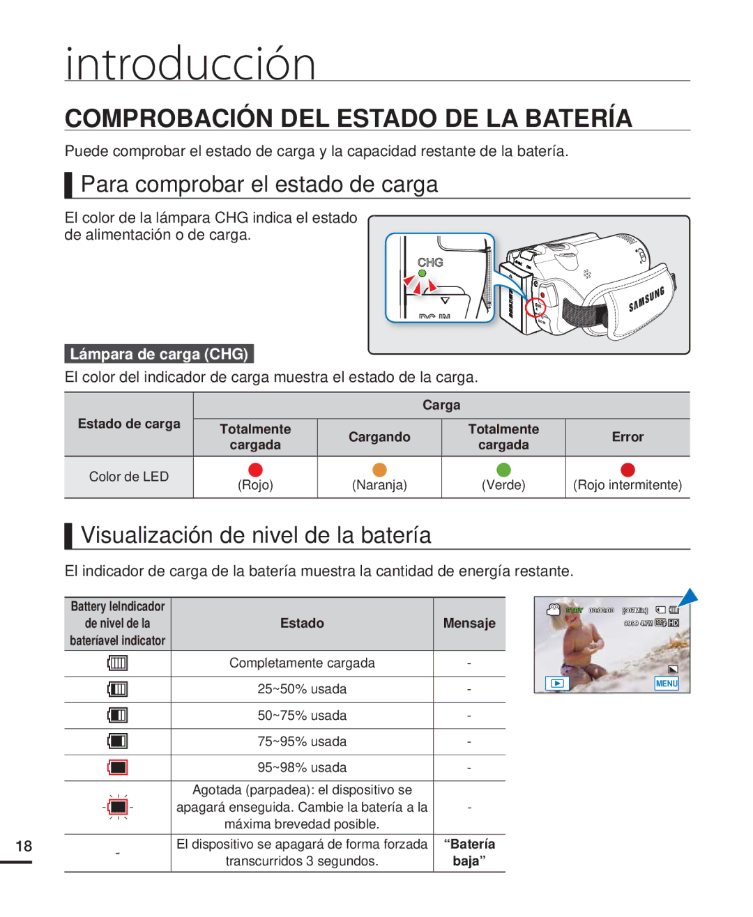 Samsung HMX-H220RP/EDC Comprobación DEL Estado DE LA Batería, Para comprobar el estado de carga, Lámpara de carga CHG 