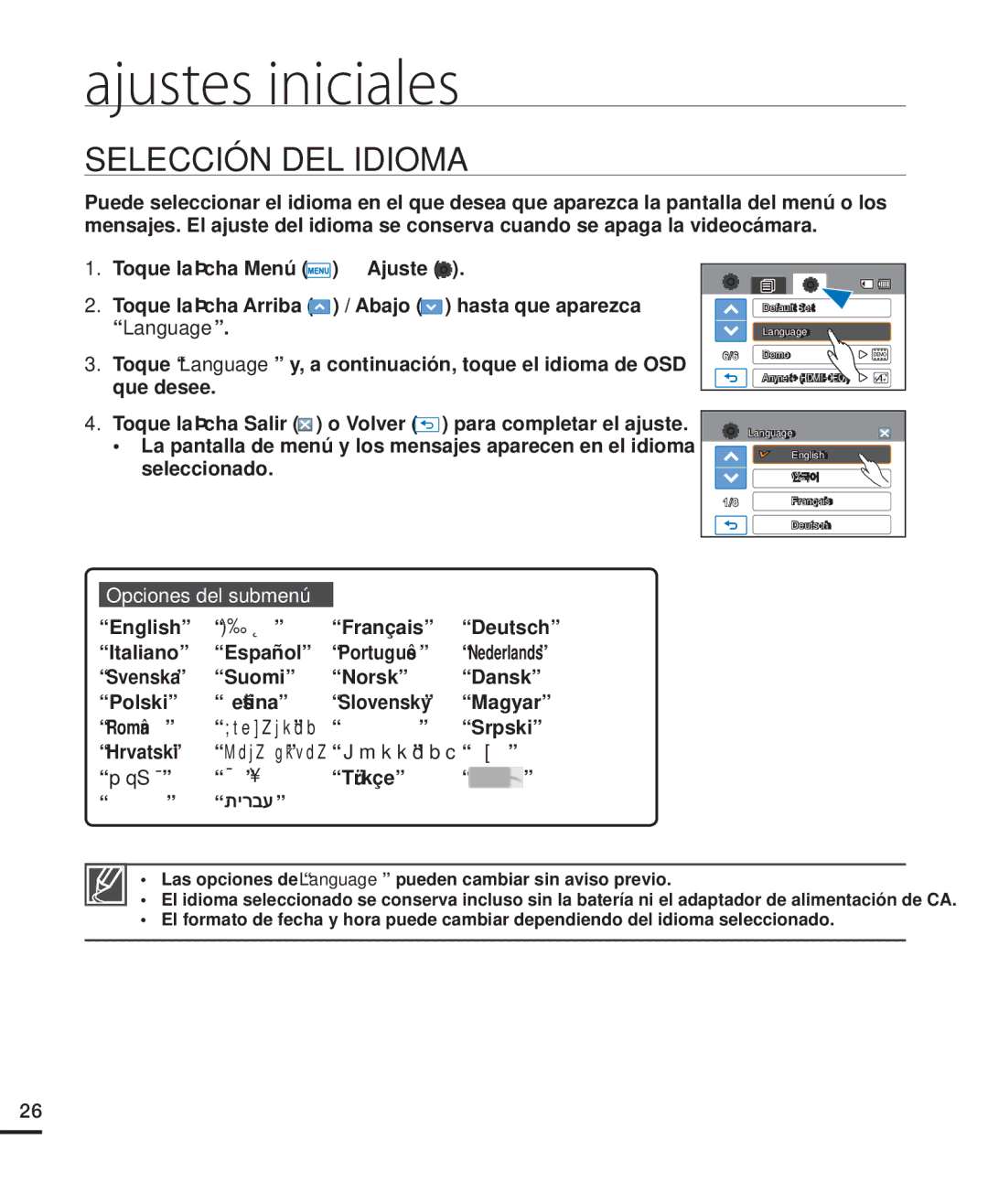 Samsung HMX-H220RP/EDC, HMX-H204BP/EDC manual Selección DEL Idioma, English Š ⦽ǎᨕ Š Français Š Deutsch, Š ไทย Š Türkçe 