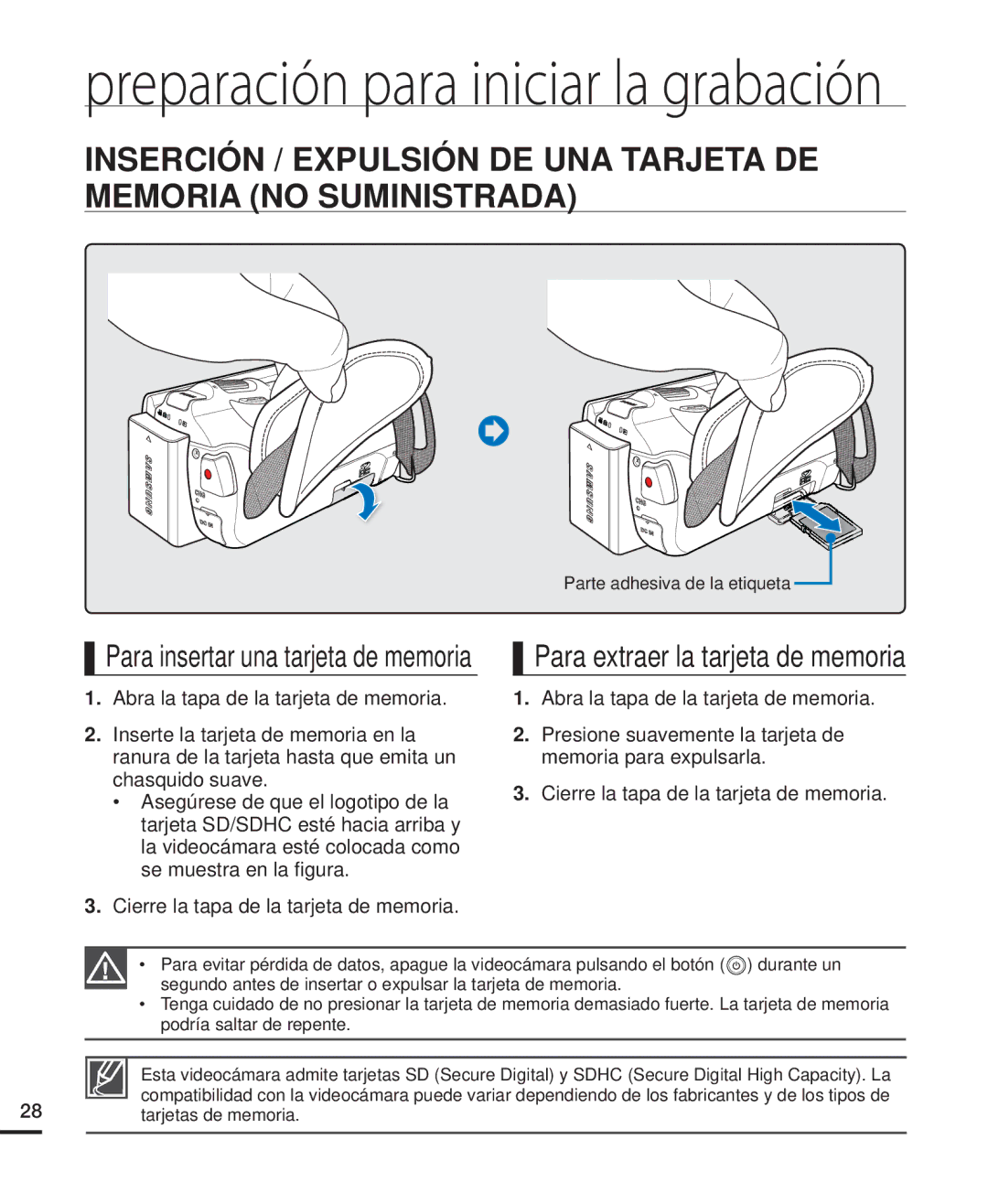 Samsung HMX-H200RP/EDC, HMX-H204BP/EDC manual Para extraer la tarjeta de memoria, Para insertar una tarjeta de memoria 