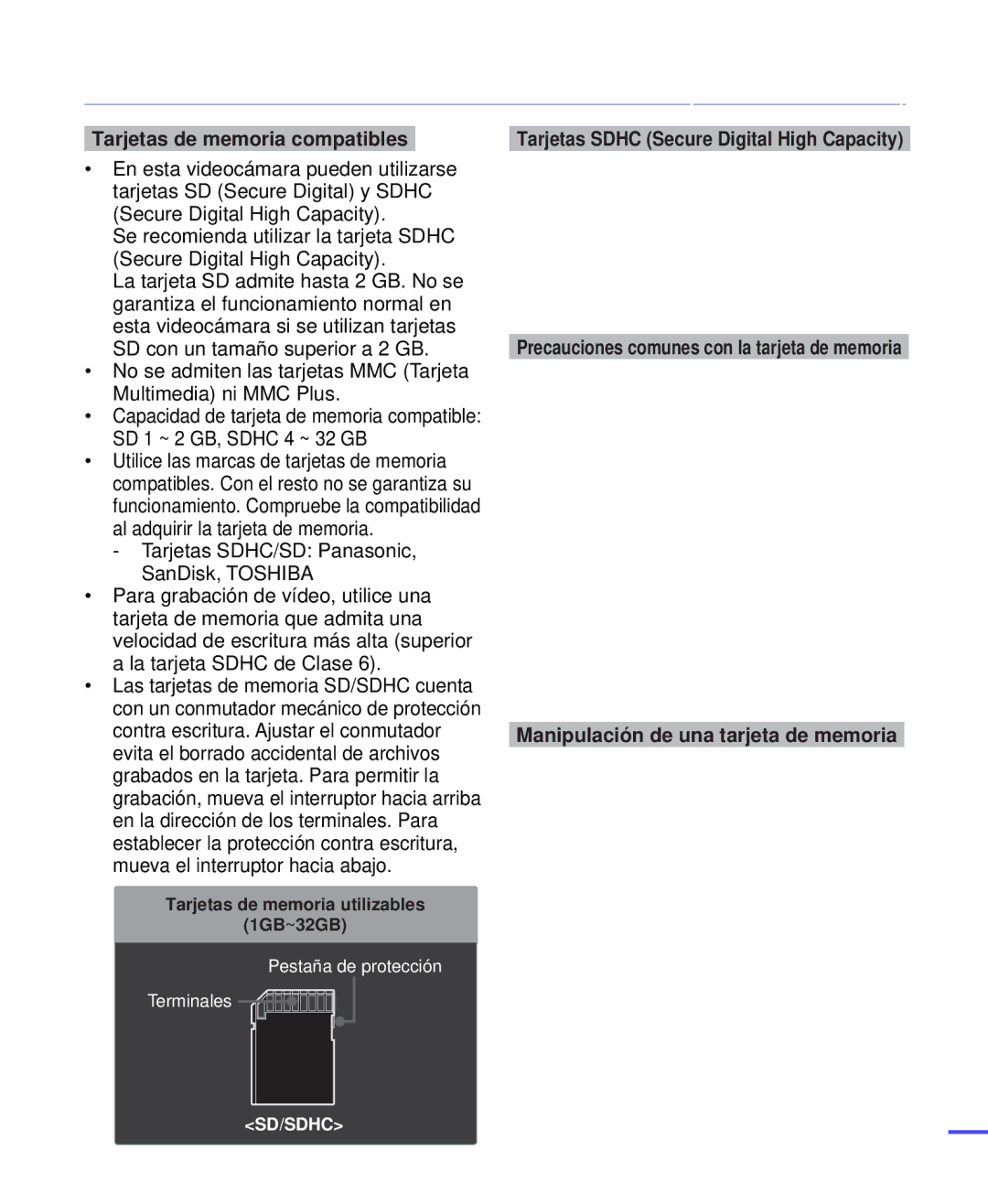 Samsung HMX-H200SP/EDC, HMX-H204BP/EDC manual Tarjetas de memoria compatibles, Tarjetas Sdhc Secure Digital High Capacity 