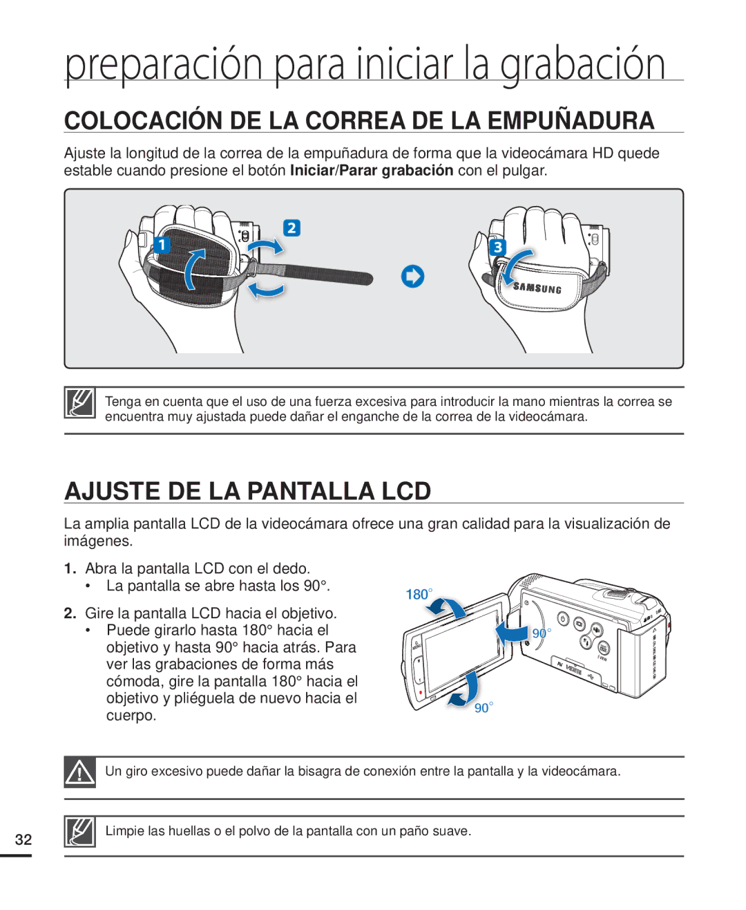 Samsung HMX-H204BP/EDC, HMX-H200BP/EDC, HMX-H220RP/EDC Colocación DE LA Correa DE LA Empuñadura, Ajuste DE LA Pantalla LCD 