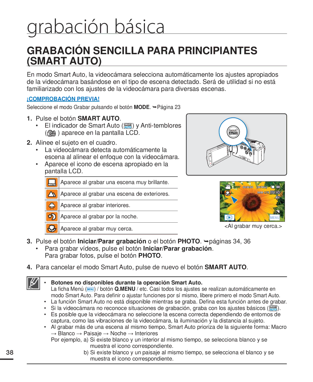 Samsung HMX-H204BP/SEA manual Grabación Sencilla Para Principiantes Smart Auto, Aparece en la pantalla LCD, Pantalla LCD. 