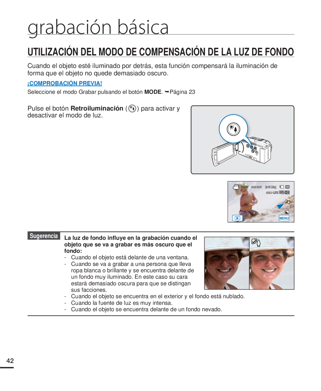 Samsung HMX-H220RP/EDC, HMX-H204BP/EDC, HMX-H200BP/EDC manual Utilización DEL Modo DE Compensación DE LA LUZ DE Fondo 