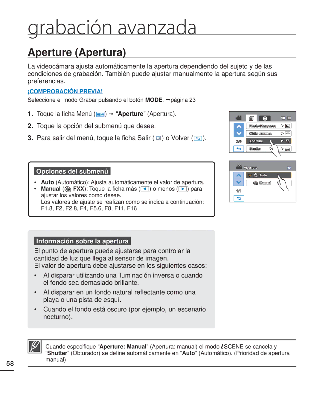 Samsung HMX-H220RP/EDC, HMX-H204BP/EDC, HMX-H200BP/EDC, HMX-H220SP/EDC manual Aperture Apertura, Información sobre la apertura 