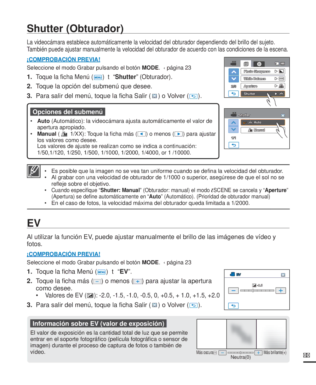 Samsung HMX-H220SP/EDC, HMX-H204BP/EDC, HMX-H200BP/EDC manual Shutter Obturador, Información sobre EV valor de exposición 