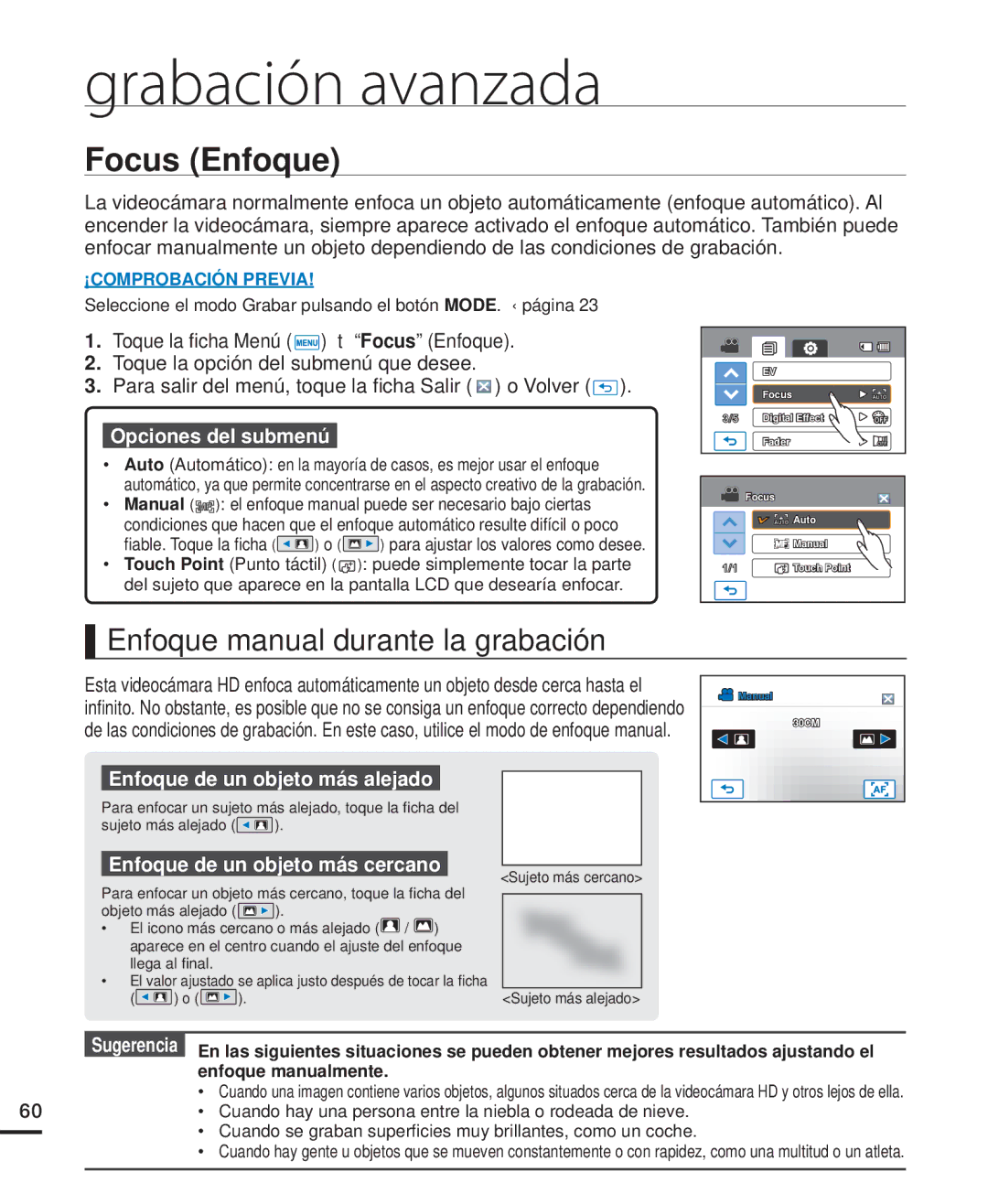 Samsung HMX-H200RP/EDC Focus Enfoque, Enfoque manual durante la grabación, Enfoque de un objeto más alejado 