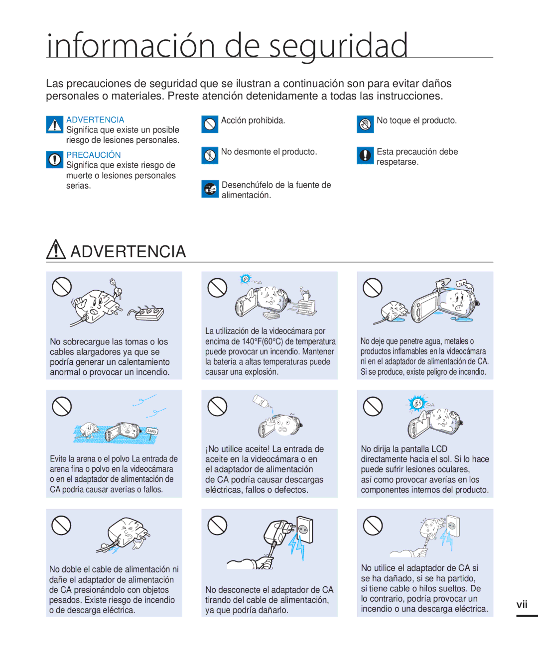 Samsung HMX-H220BP/EDC, HMX-H204BP/EDC, HMX-H200BP/EDC, HMX-H220RP/EDC, HMX-H220SP/EDC manual Información de seguridad, Vii 