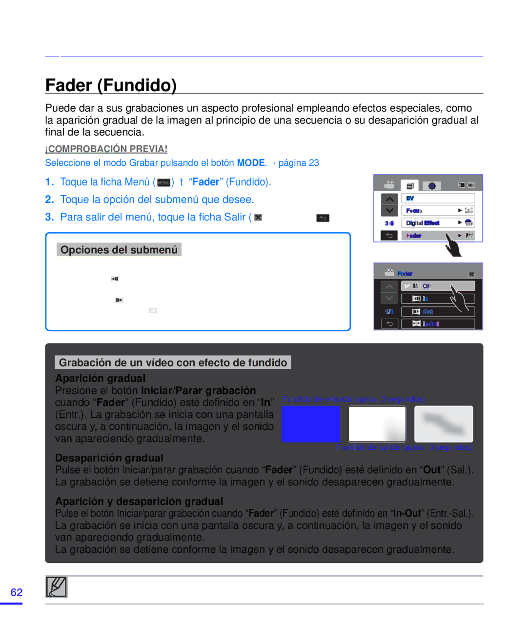 Samsung HMX-H204BP/SEA, HMX-H204BP/EDC, HMX-H200BP/EDC manual Fader Fundido, Grabación de un vídeo con efecto de fundido 