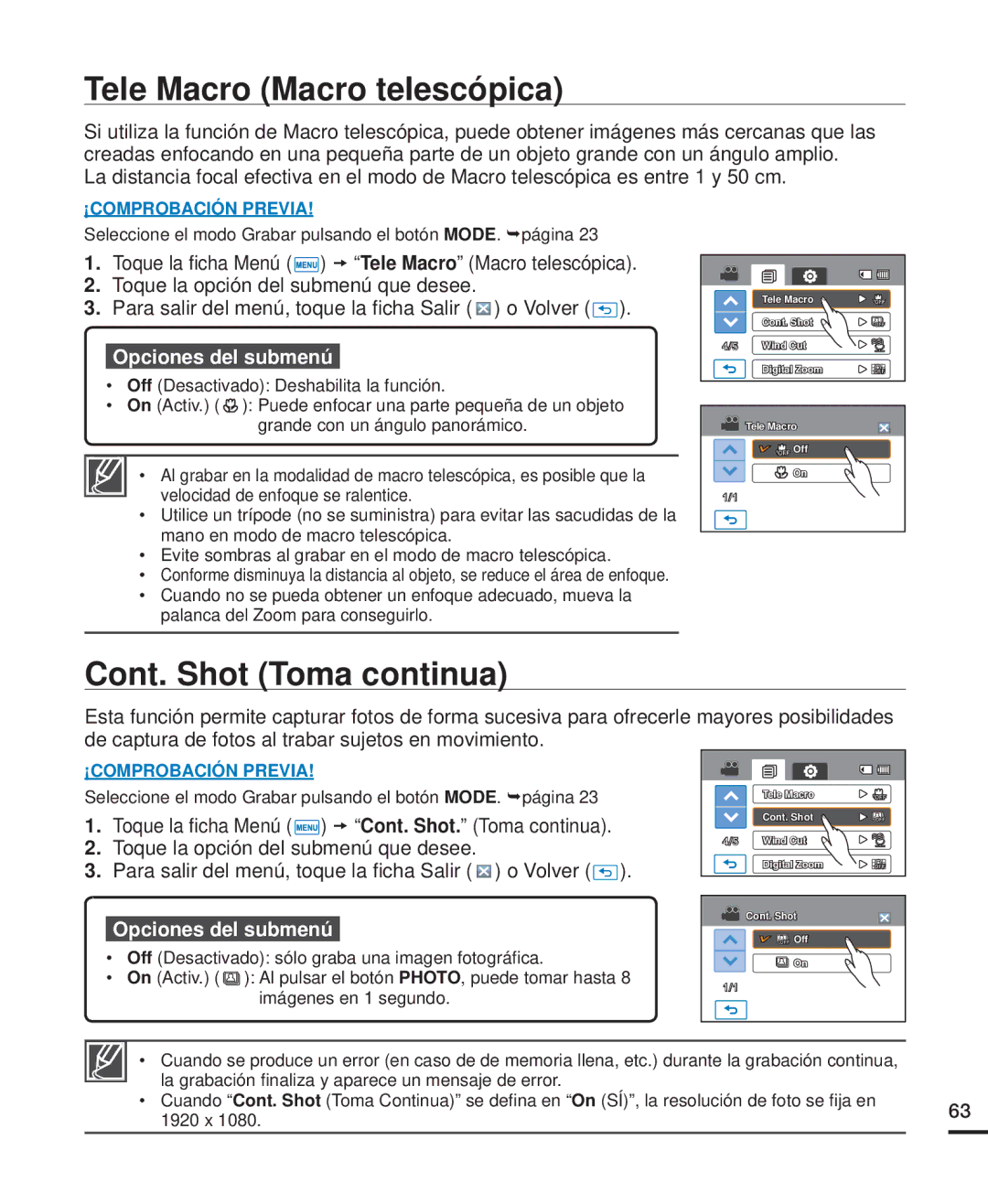 Samsung HMX-H220BP/EDC, HMX-H204BP/EDC, HMX-H200BP/EDC manual Tele Macro Macro telescópica, Cont. Shot Toma continua 