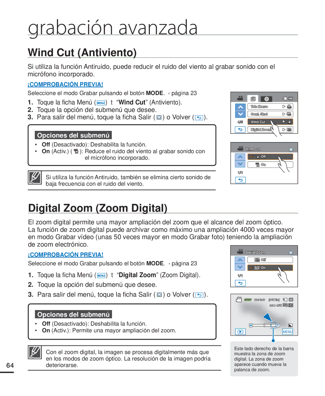 Samsung HMX-H204BP/EDC, HMX-H200BP/EDC, HMX-H220RP/EDC, HMX-H220SP/EDC manual Wind Cut Antiviento, Digital Zoom Zoom Digital 