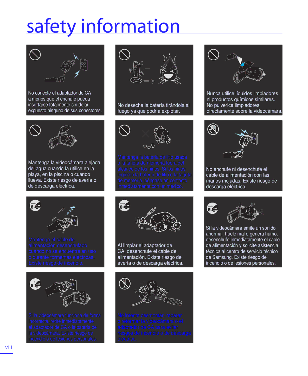 Samsung HMX-H204BP/EDC, HMX-H200BP/EDC, HMX-H220RP/EDC, HMX-H220SP/EDC, HMX-H200RP/EDC manual Safety information, Viii 
