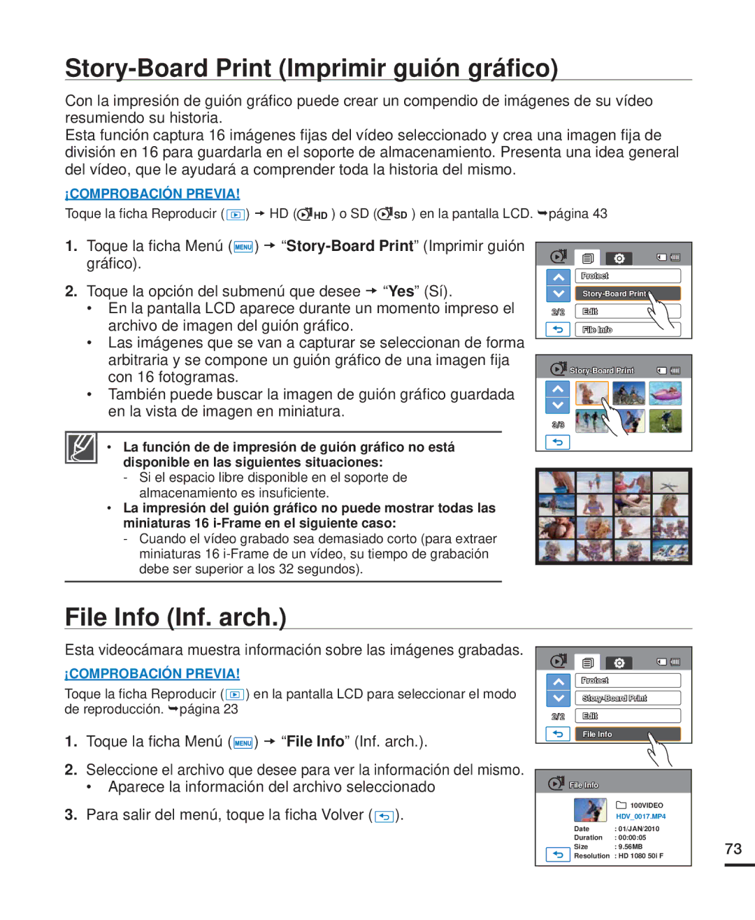 Samsung HMX-H200BP/EDC, HMX-H204BP/EDC, HMX-H220RP/EDC manual Story-Board Print Imprimir guión gráﬁco, File Info Inf. arch 