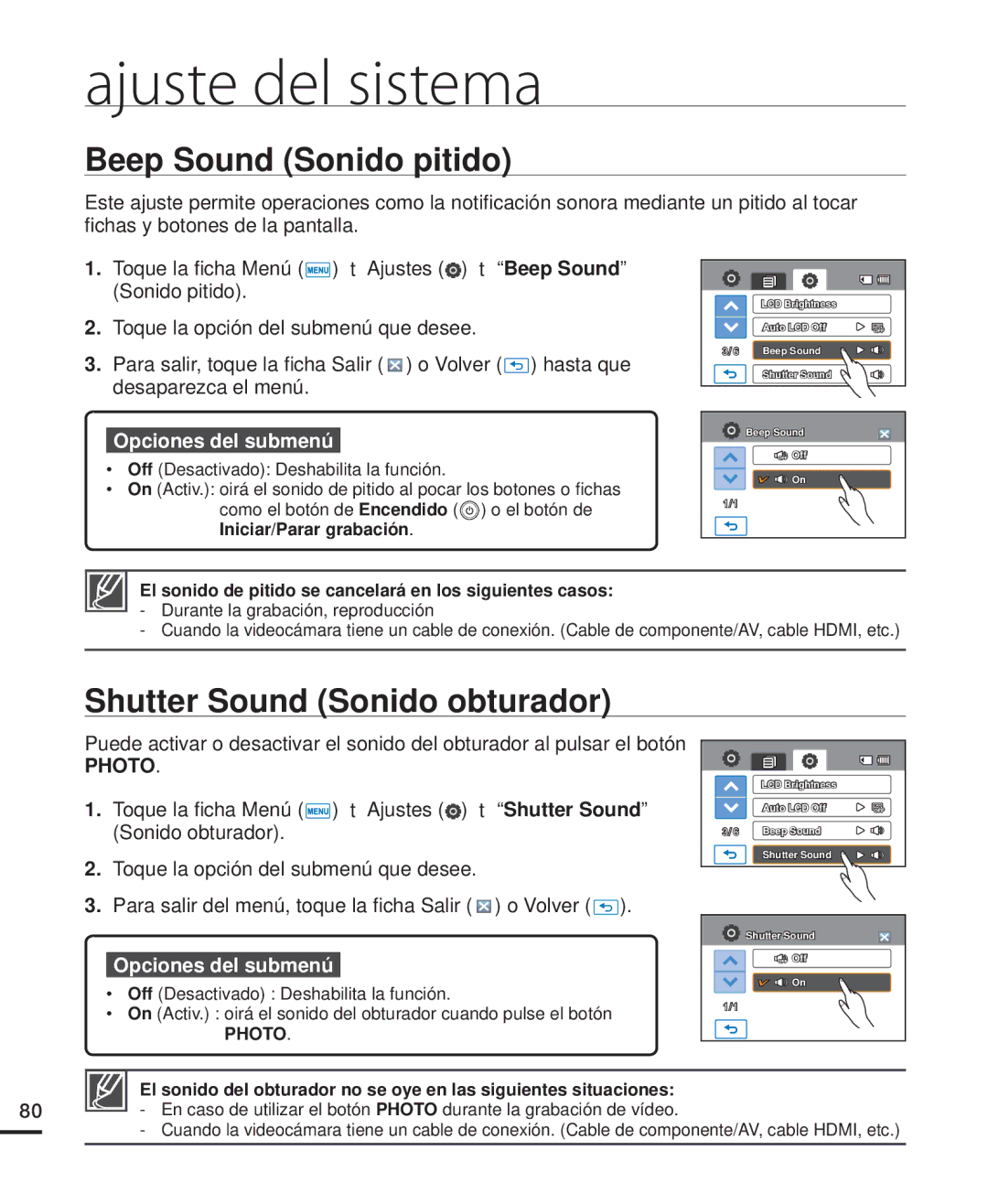 Samsung HMX-H204BP/EDC, HMX-H200BP/EDC, HMX-H220RP/EDC manual Beep Sound Sonido pitido, Shutter Sound Sonido obturador 