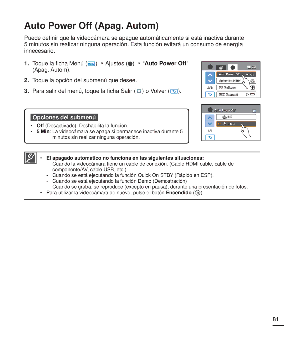 Samsung HMX-H200BP/EDC, HMX-H204BP/EDC, HMX-H220RP/EDC, HMX-H220SP/EDC, HMX-H200RP/EDC manual Auto Power Off Apag. Autom 