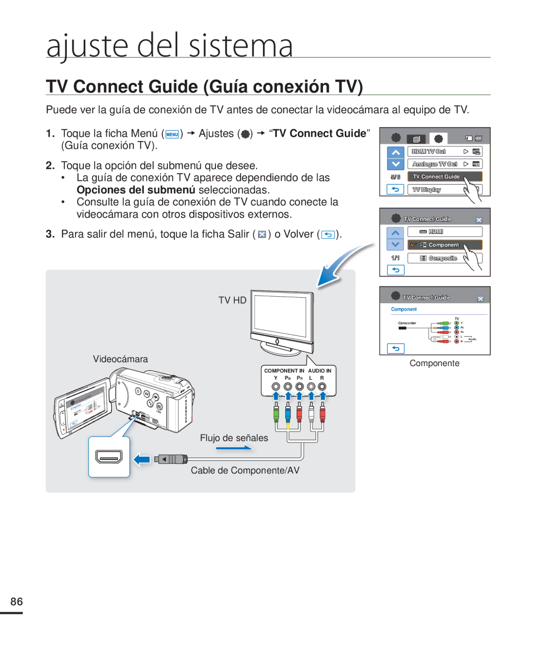 Samsung HMX-H204BP/SEA, HMX-H204BP/EDC, HMX-H200BP/EDC, HMX-H220RP/EDC manual TV Connect Guide Guía conexión TV, Componente 