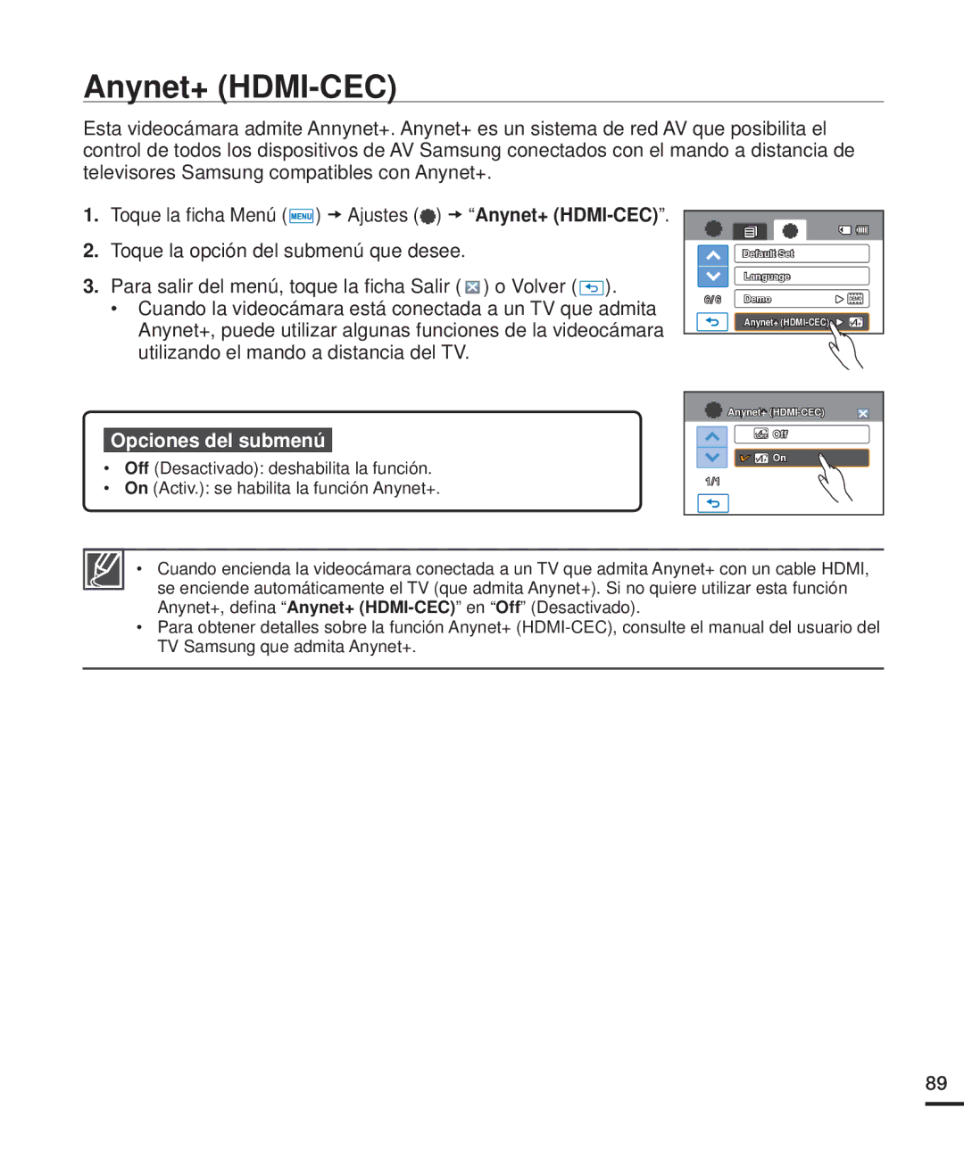 Samsung HMX-H200BP/EDC, HMX-H204BP/EDC, HMX-H220RP/EDC, HMX-H220SP/EDC, HMX-H200RP/EDC, HMX-H200SP/EDC manual Anynet+ HDMI-CEC 