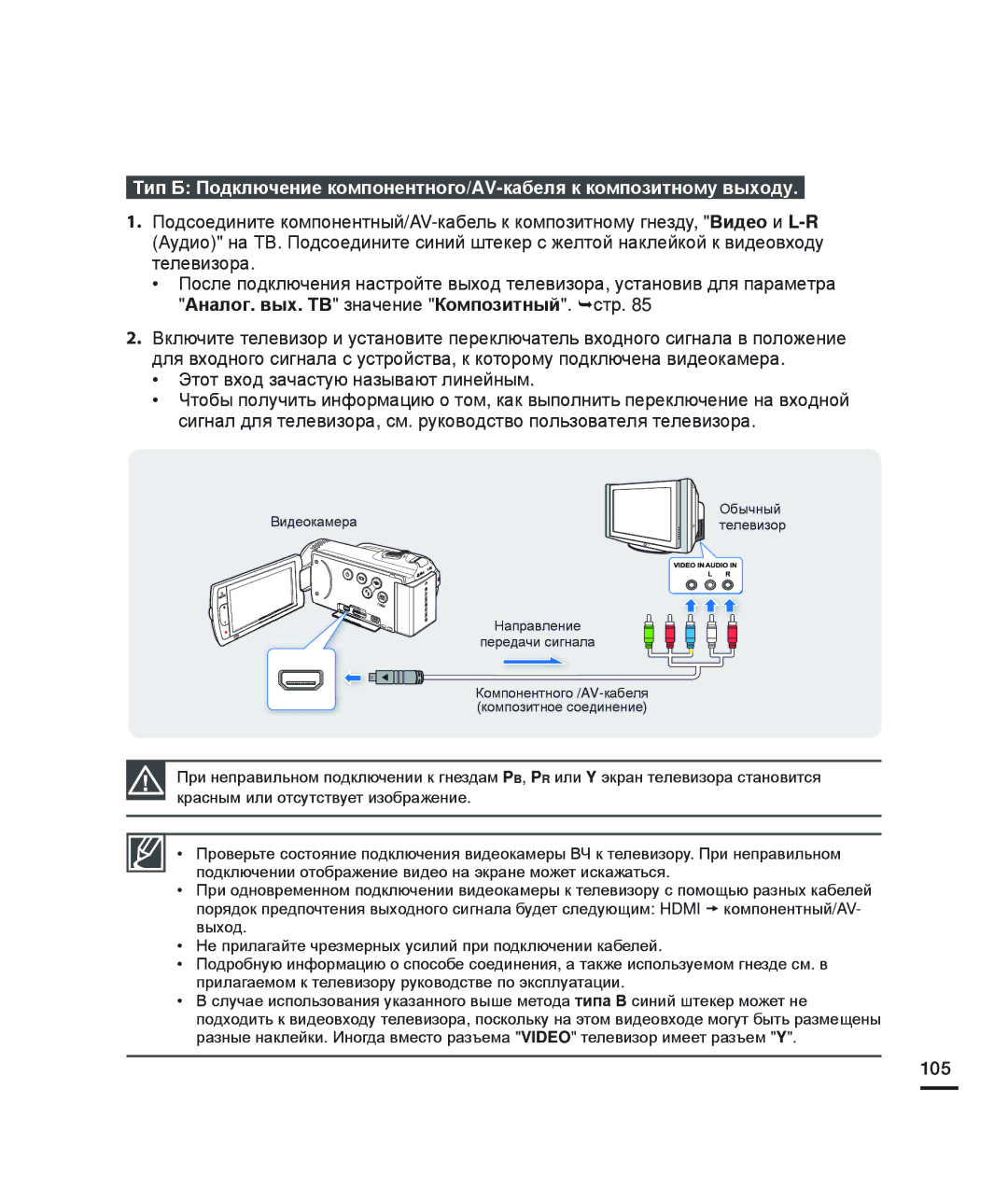 Samsung HMX-H200BP/XEB manual Аналог. вых. ТВ значение Композитный. ¬стр, Этот вход зачастую называют линейным, 105 