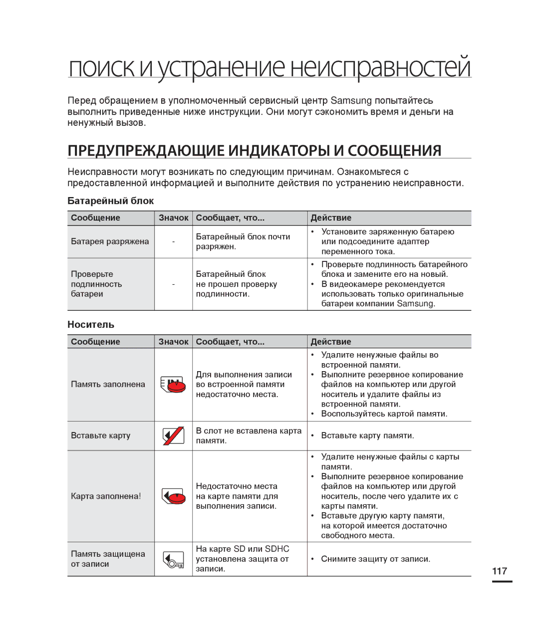 Samsung HMX-H204BP/XER, HMX-H204BP/EDC manual Предупреждающие Индикаторы И Сообщения, Батарейный блок, Носитель, 117 