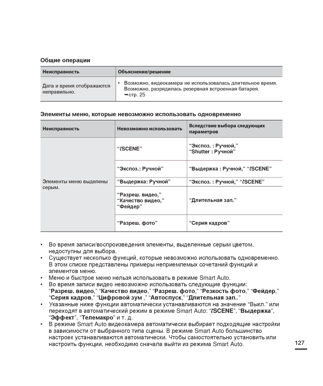 Samsung HMX-H205BP/XER manual Общие операции, Элементы меню, которые невозможно использовать одновременно, Экспоз. Ручной 