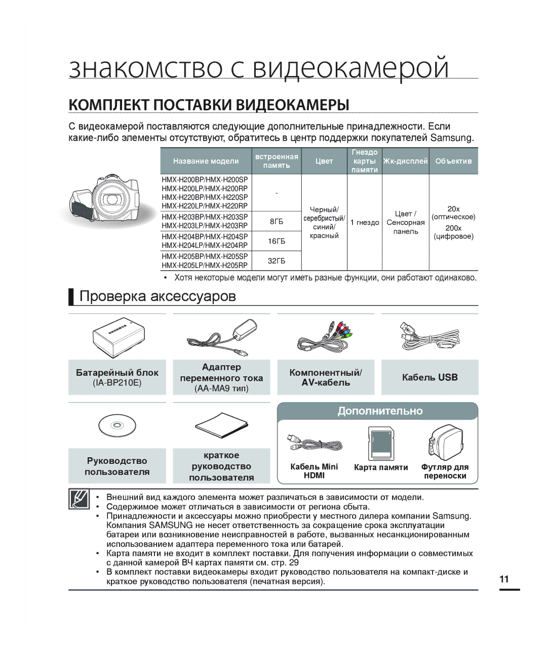 Samsung HMX-H200RP/XER manual Знакомство с видеокамерой, Комплект Поставки Видеокамеры, Проверка аксессуаров, Дополнительно 