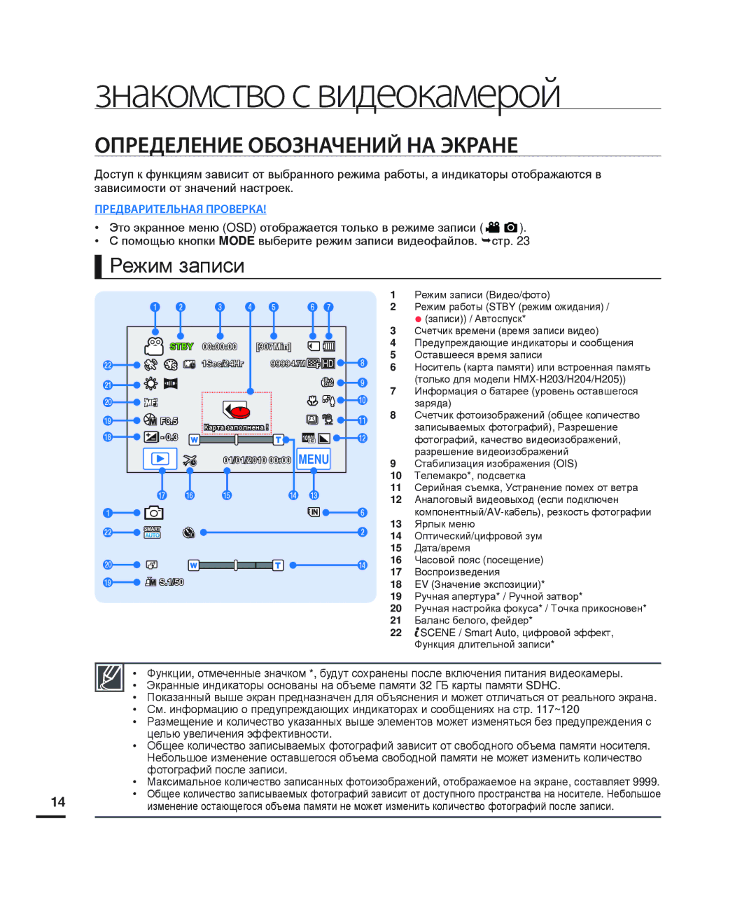 Samsung HMX-H220BP/XER, HMX-H204BP/EDC, HMX-H200BP/XEB, HMX-H200SP/XER manual Определение Обозначений НА Экране, Режим записи 